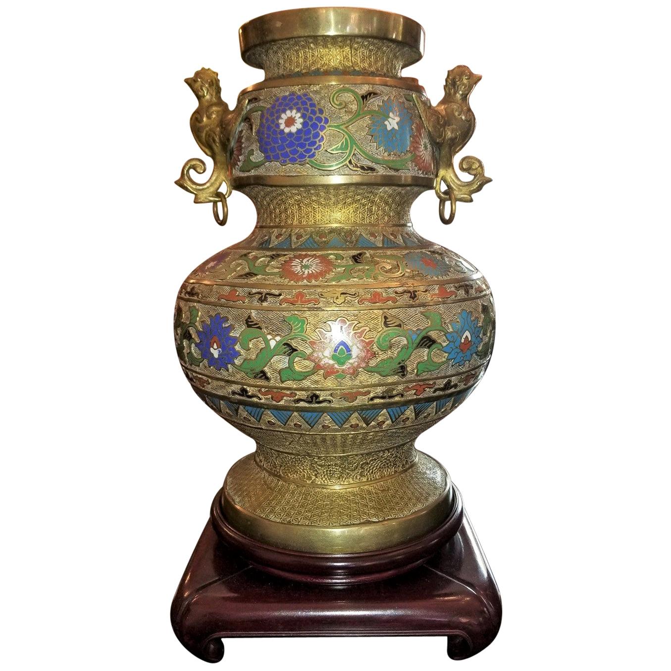 Large Oriental Champleve Cloisonne Urn on Stand For Sale