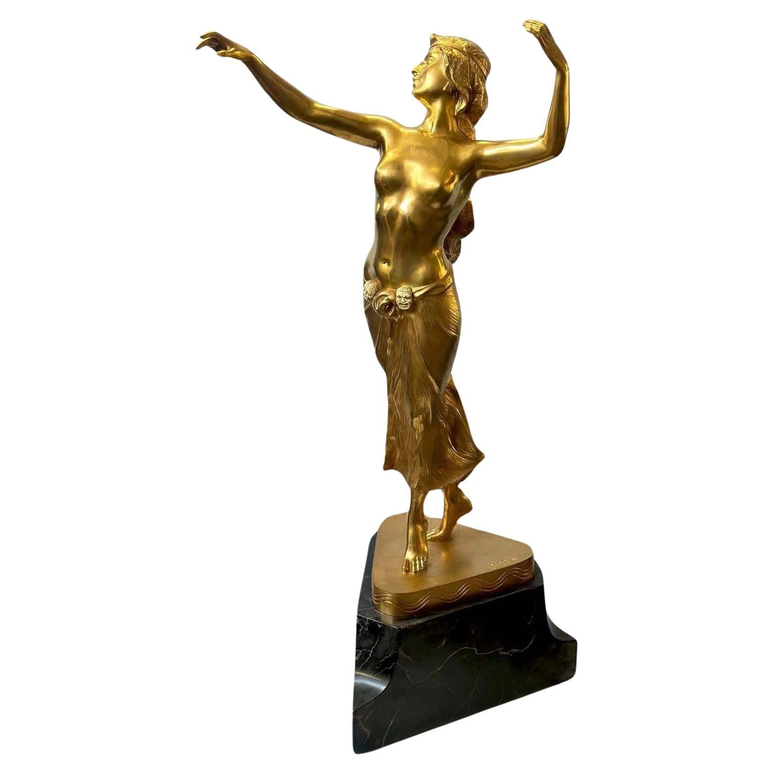 Large Oriental Dancer Bronze & Marble Sculpture by Georges Morin