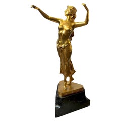 Large Oriental Dancer Bronze & Marble Sculpture by Georges Morin