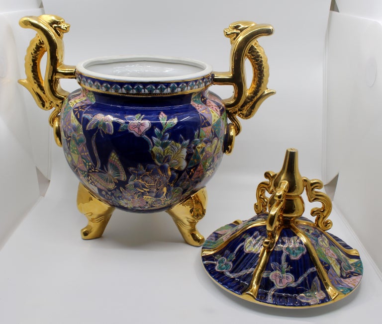 Large Oriental Decorative Two Handled Lidded Urn For Sale at 1stDibs