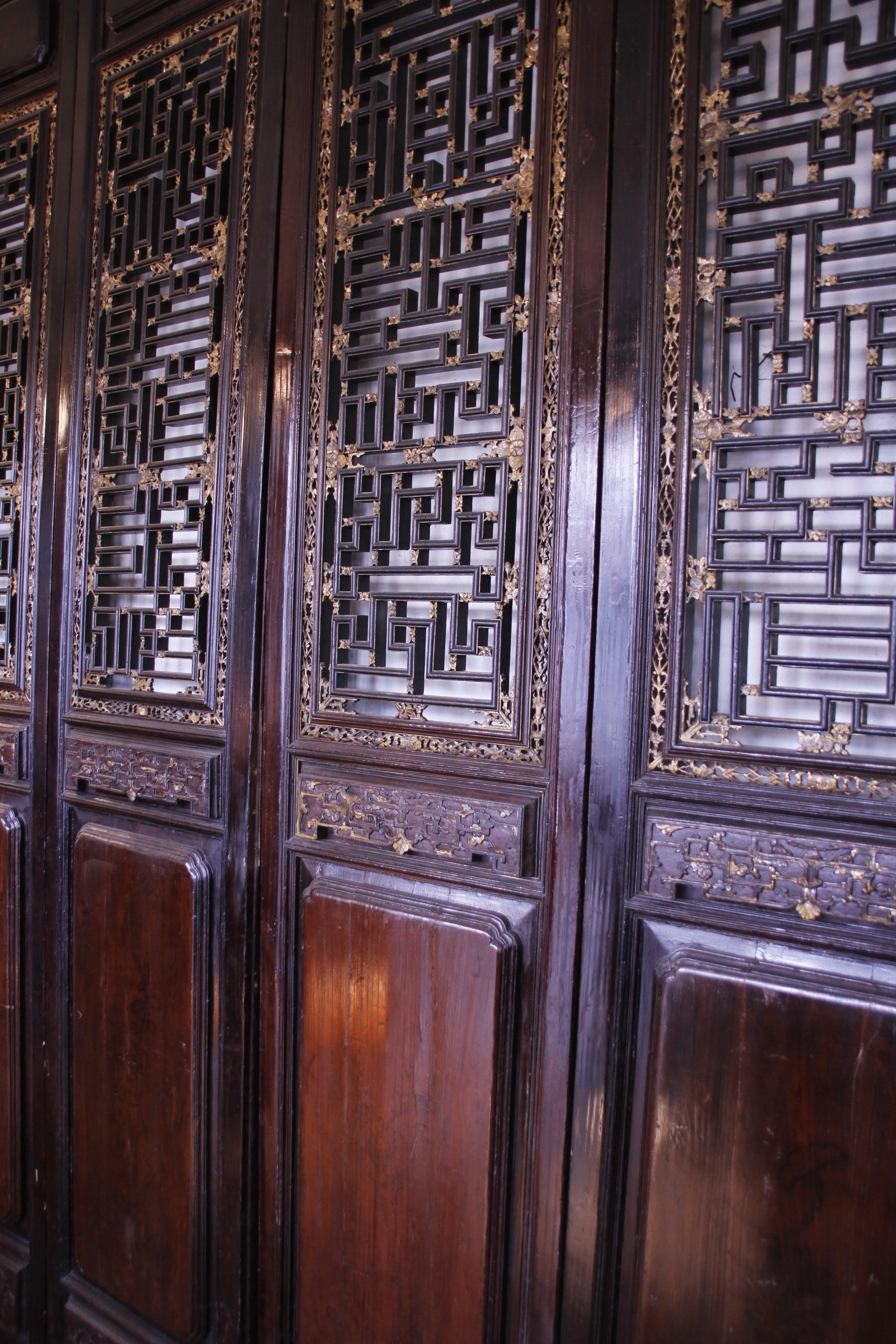 Antique, solid wood late 19th century room divider with gold decorations and fine carvings. With his out of ordinary dimensions, is an extremely rare piece.

Please note that all of our items are shipped after a microwave woodworm treatment,
