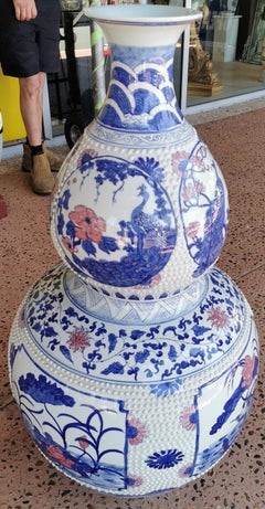 Large Oriental Double Gourd Blue and White Porcelain Urn