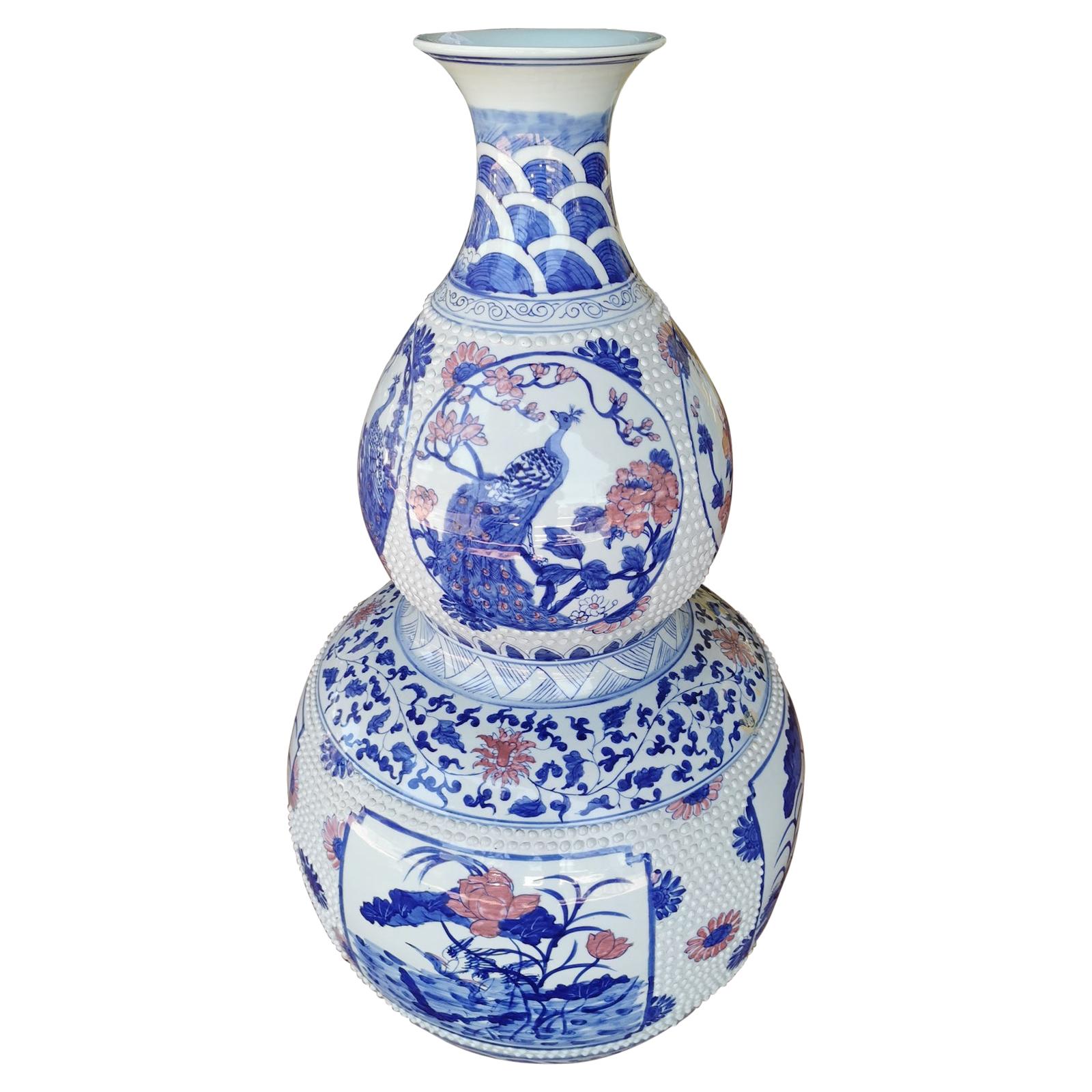 Large Oriental Double Gourd Blue and White Porcelain Urn For Sale