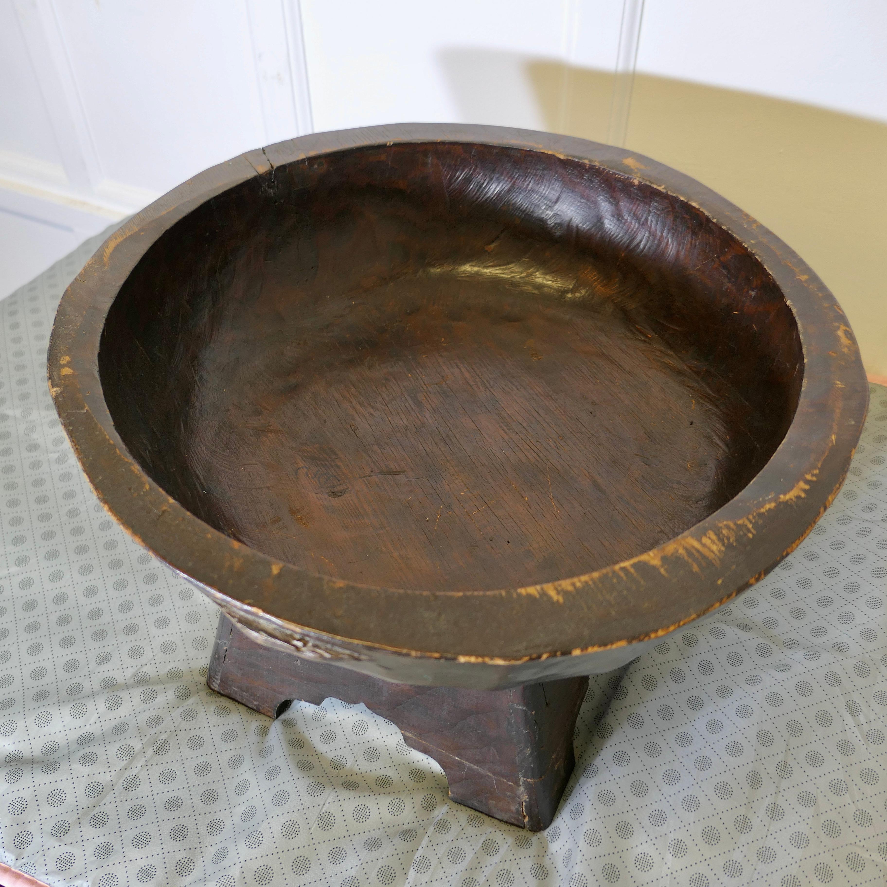 Chinoiserie Large Oriental Hand Carved Wooden Bowl on Stand For Sale