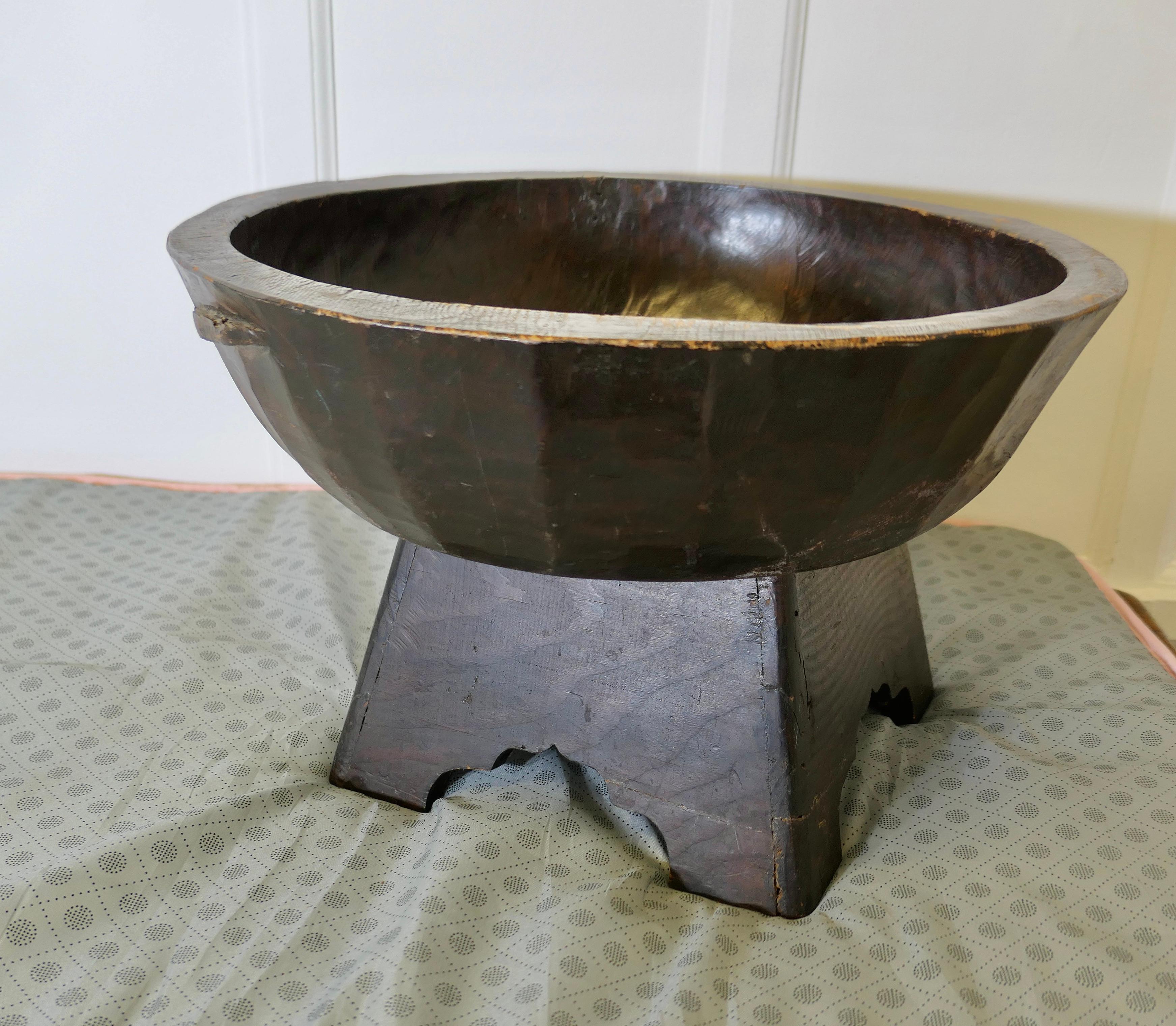 Elm Large Oriental Hand Carved Wooden Bowl on Stand For Sale
