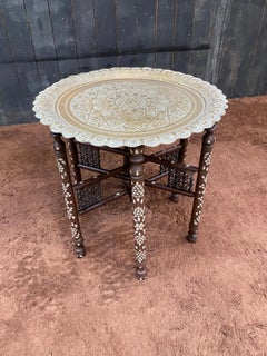 Large oriental style folding pedestal table in wood inlaid with bone circa 1900