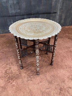 Large oriental style folding pedestal table in wood inlaid with bone circa 1900