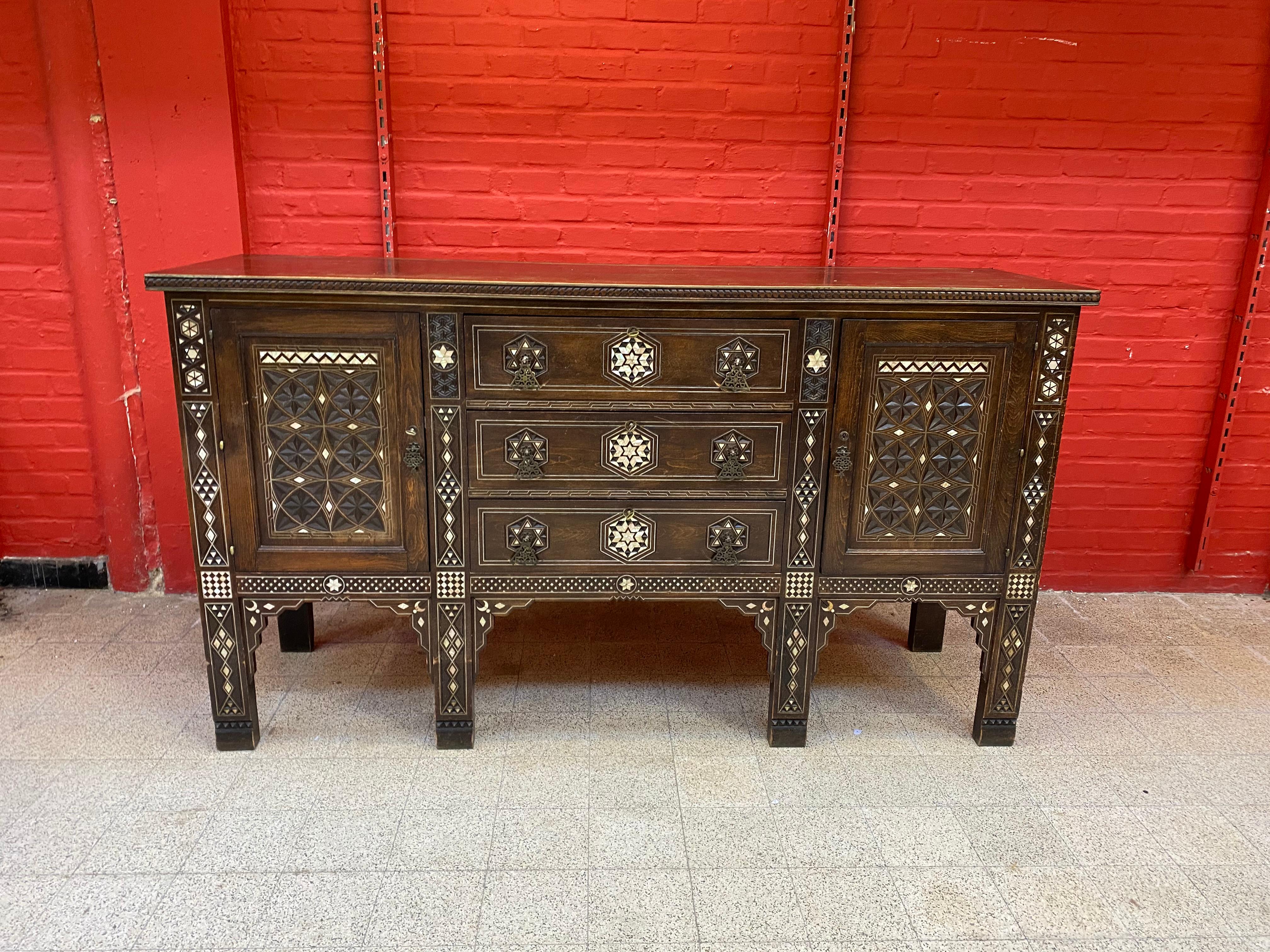 Islamic Large Oriental-Style Sideboard in carved Wood, with Mother-of-Pearl Inlay, 1880 For Sale