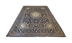 Großer Oriental5 Teppich aus blauer und beiger Wolle im Vintage-Stil