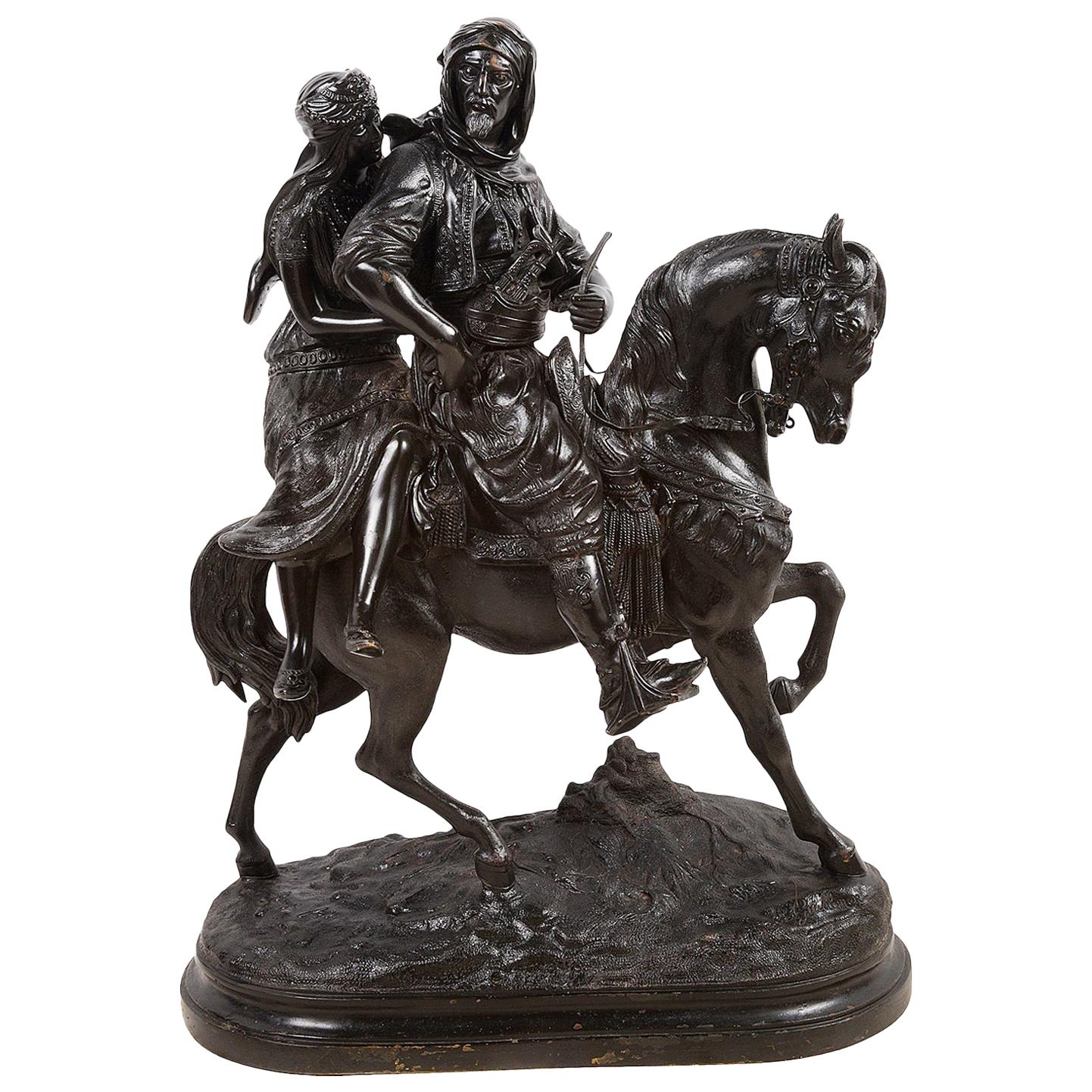 Large Orientalist Bronze Arab and Women on Horse Back, 'Guillemin'
