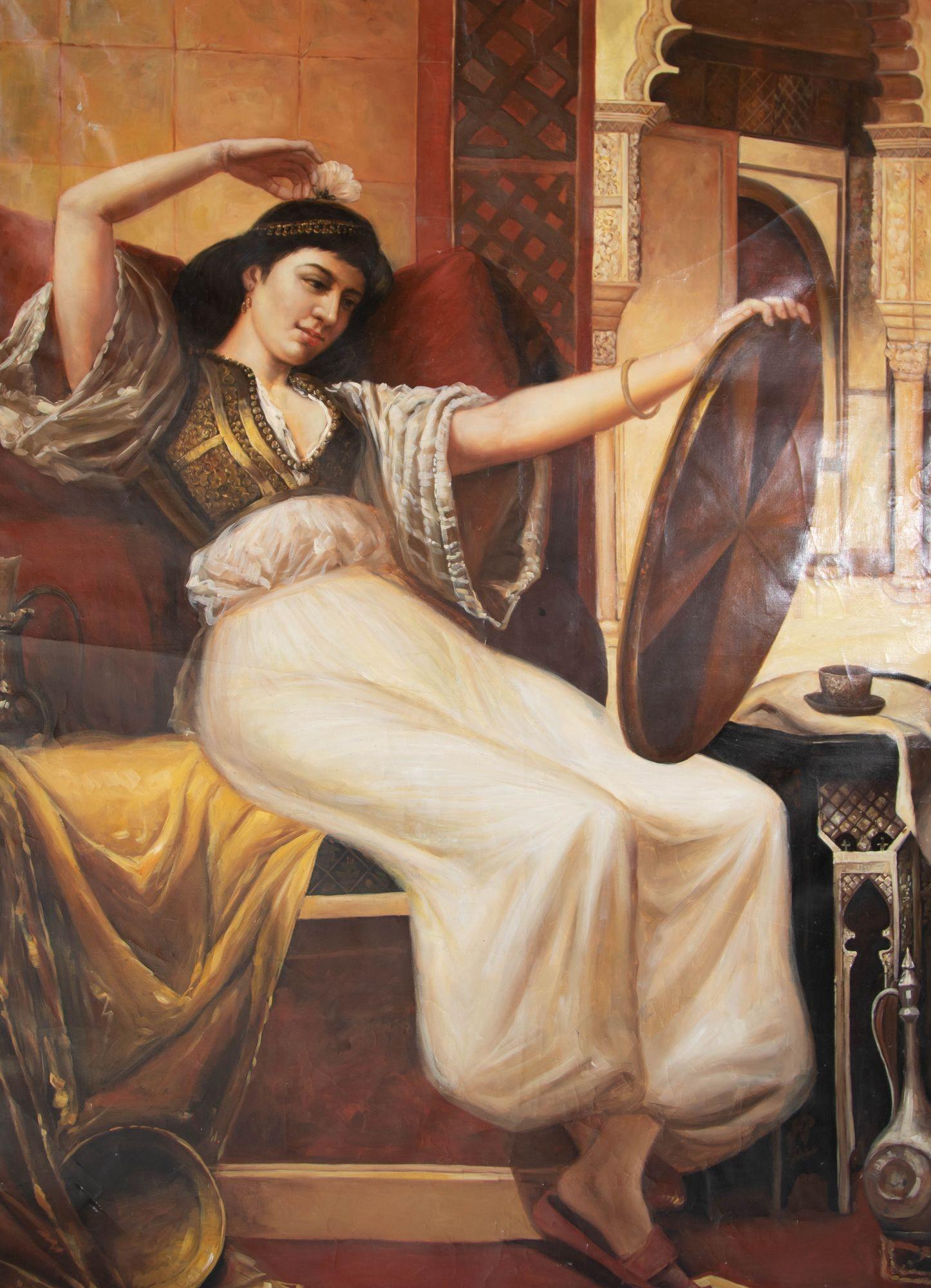 Very large Orientalist figurative oil on canvas.
The scene is depicting a beautiful young woman looking in a mirror, wearing 19th century traditional clothes in a palace.
After a 19th c. Addison Thomas Millar (American, 1860-1913)
Dimensions: H 74