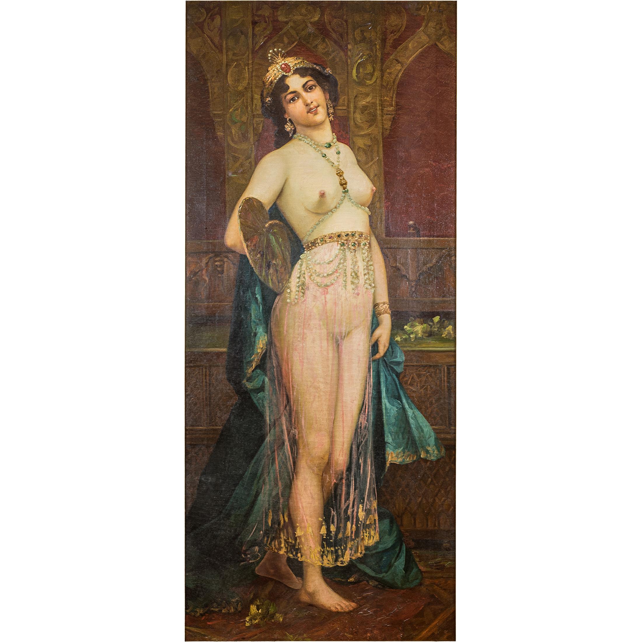 An original orientalist painting of a beautiful half nude odalisque holding a fan. Signed L/L illegible.

Date: 19th century
Origin: French
Medium: Oil on canvas
Dimension: 51 in. x 21 3/4 in.; (framed) 61 1/2 in. x 32 1/4 in.