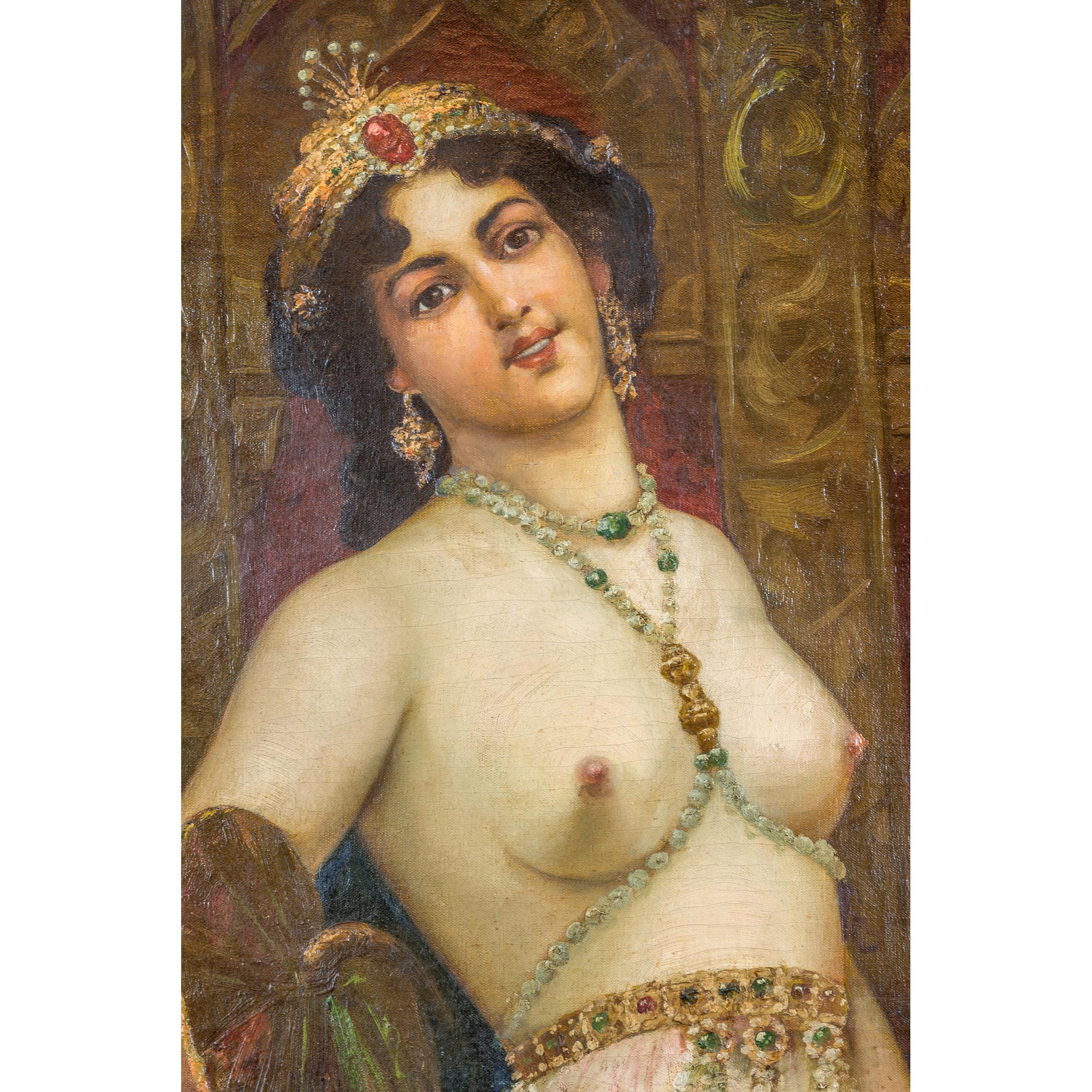 Großes orientalisches Gemälde einer schönen halben nackten Odalisken (Französisch) im Angebot