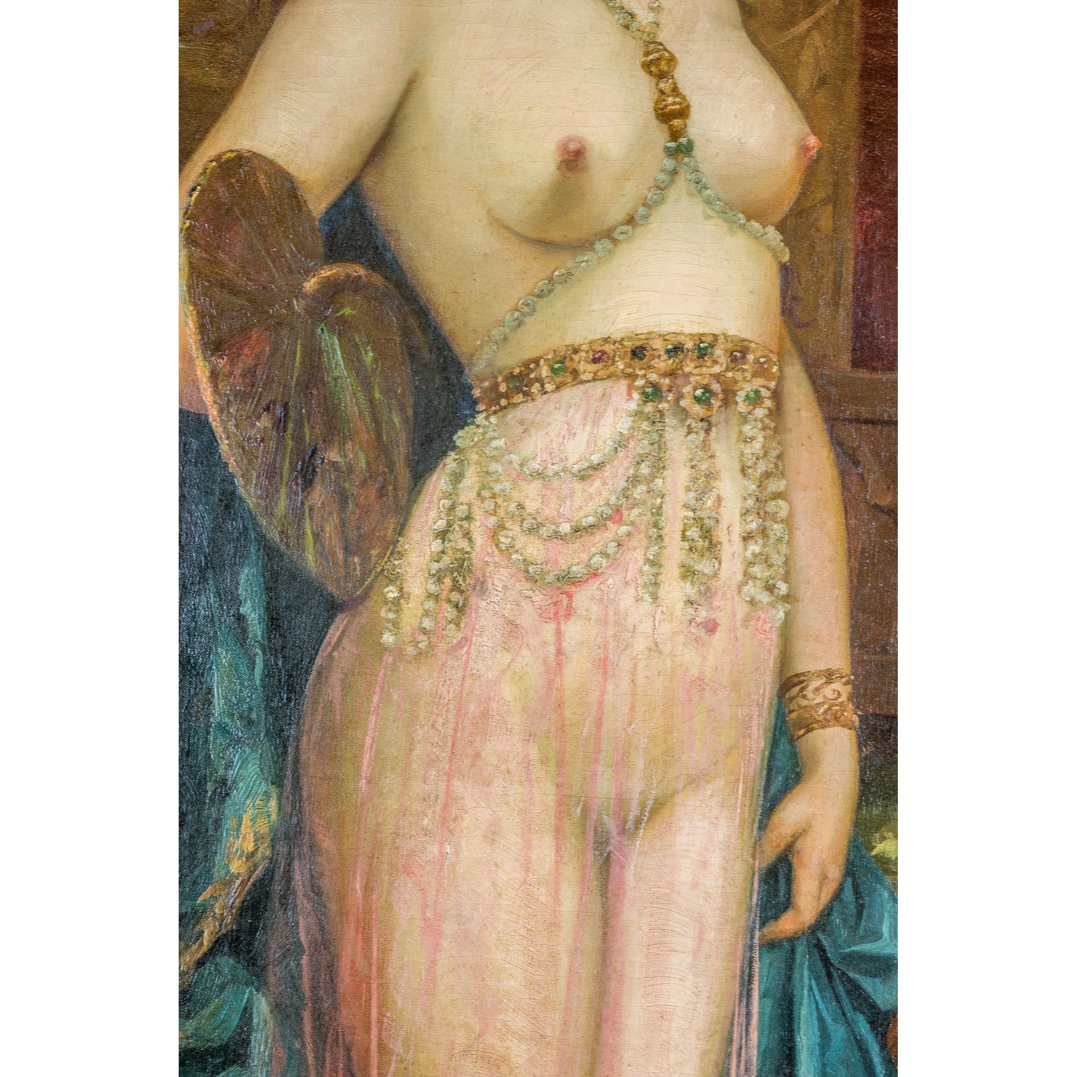 Großes orientalisches Gemälde einer schönen halben nackten Odalisken (Gemalt) im Angebot