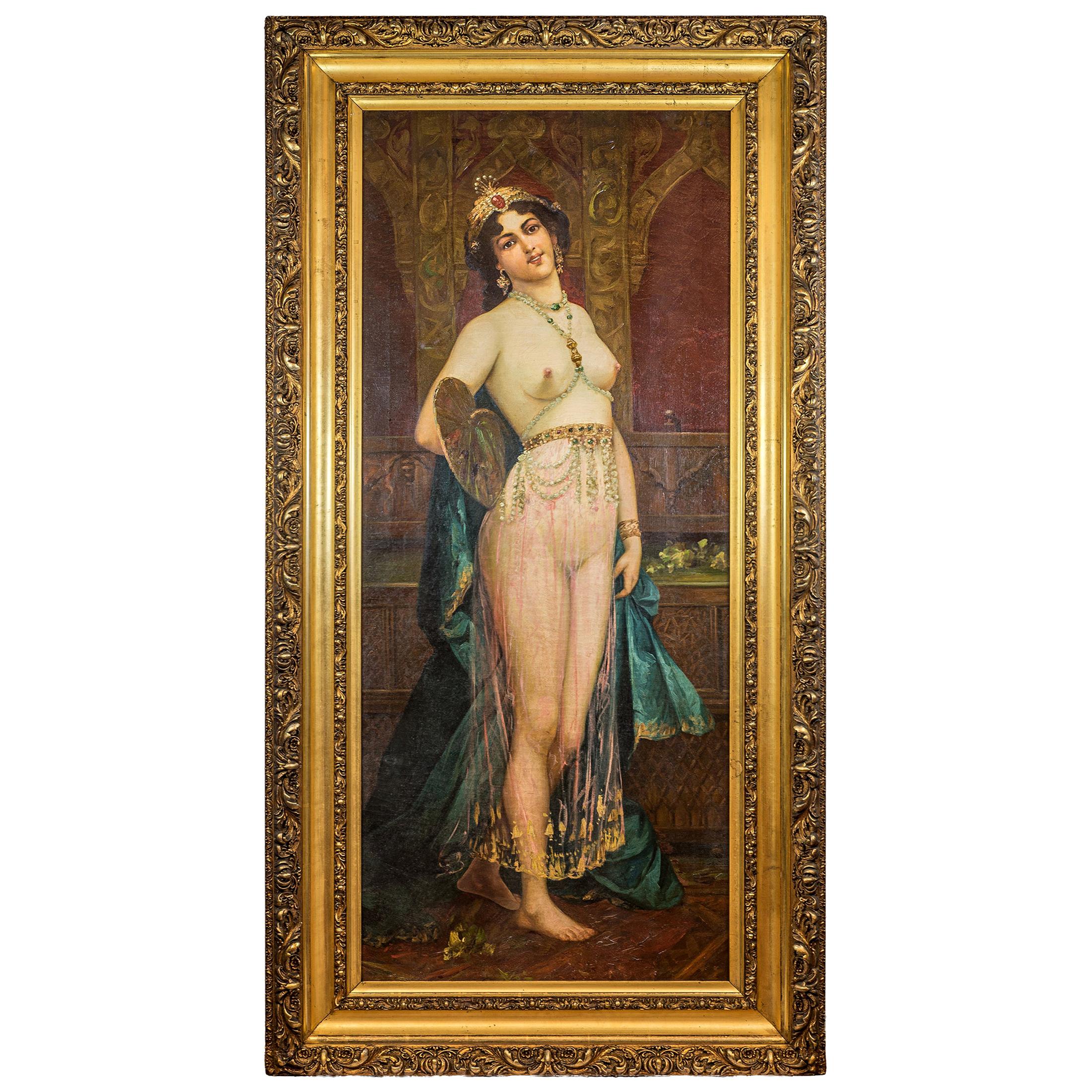 Large Orientalist Painting of a Beautiful Half Nude Odalisque