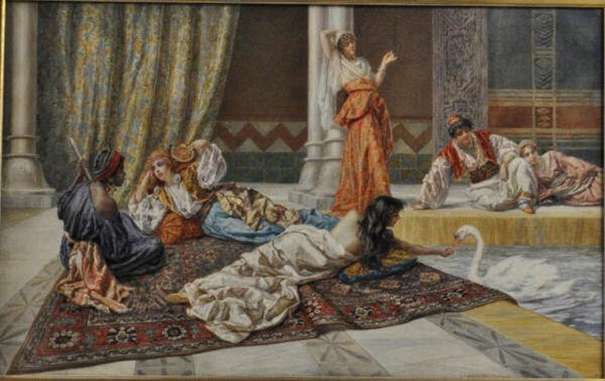 Italian Large Orientalist Watercolor by Pietro Gabrini Depicting a Harem Scene