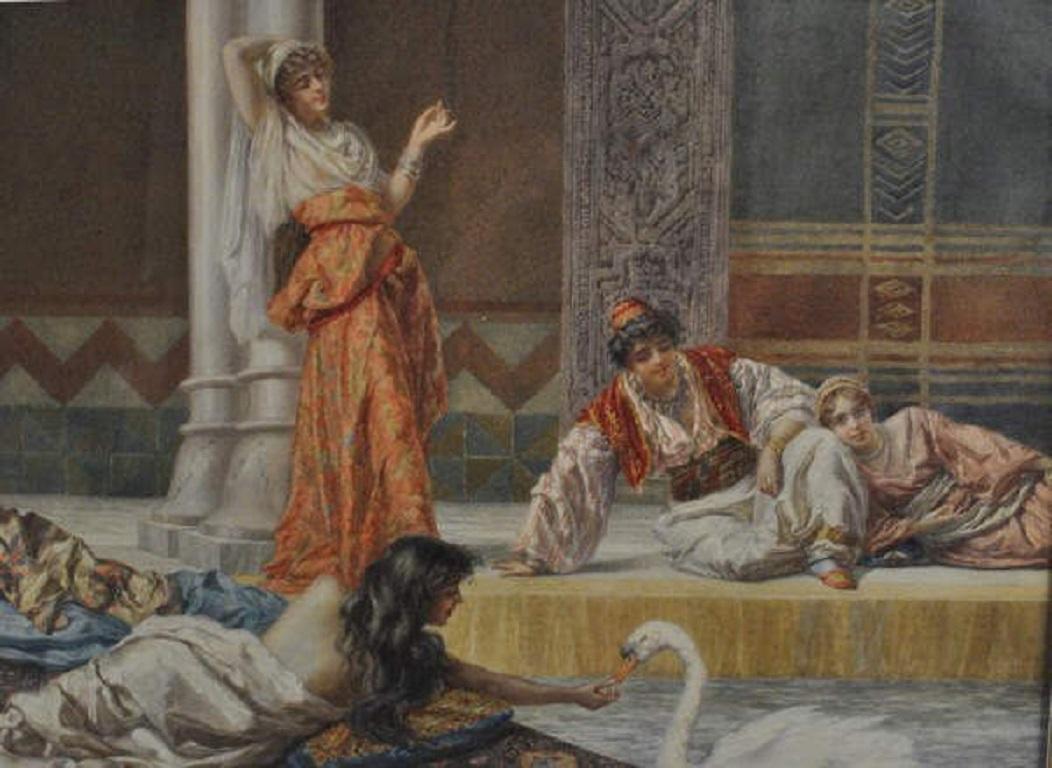 Large Orientalist Watercolor by Pietro Gabrini Depicting a Harem Scene In Good Condition In New York, NY