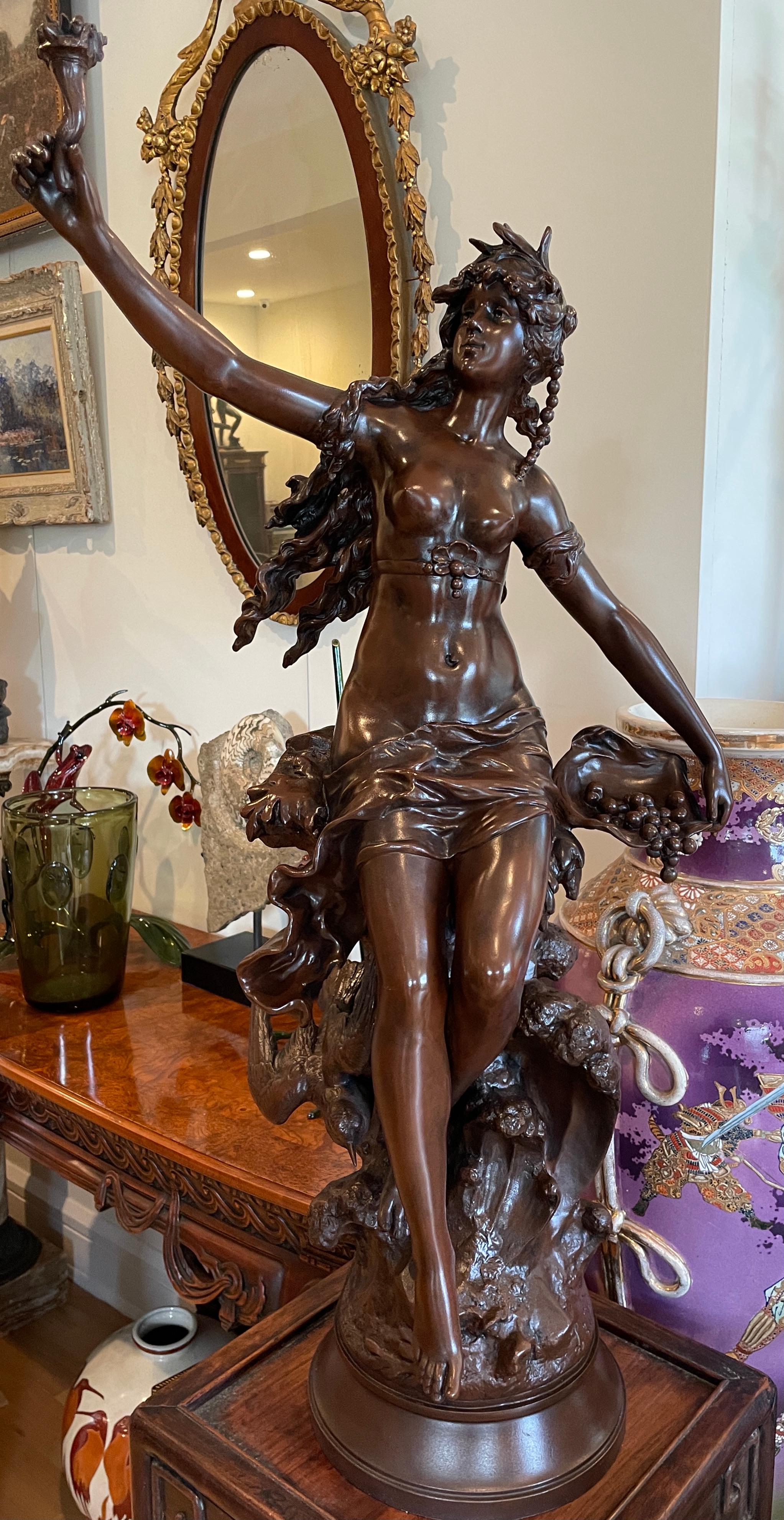 Patinated Large Original 19th Century Spelter Sculpture by Moreau For Sale