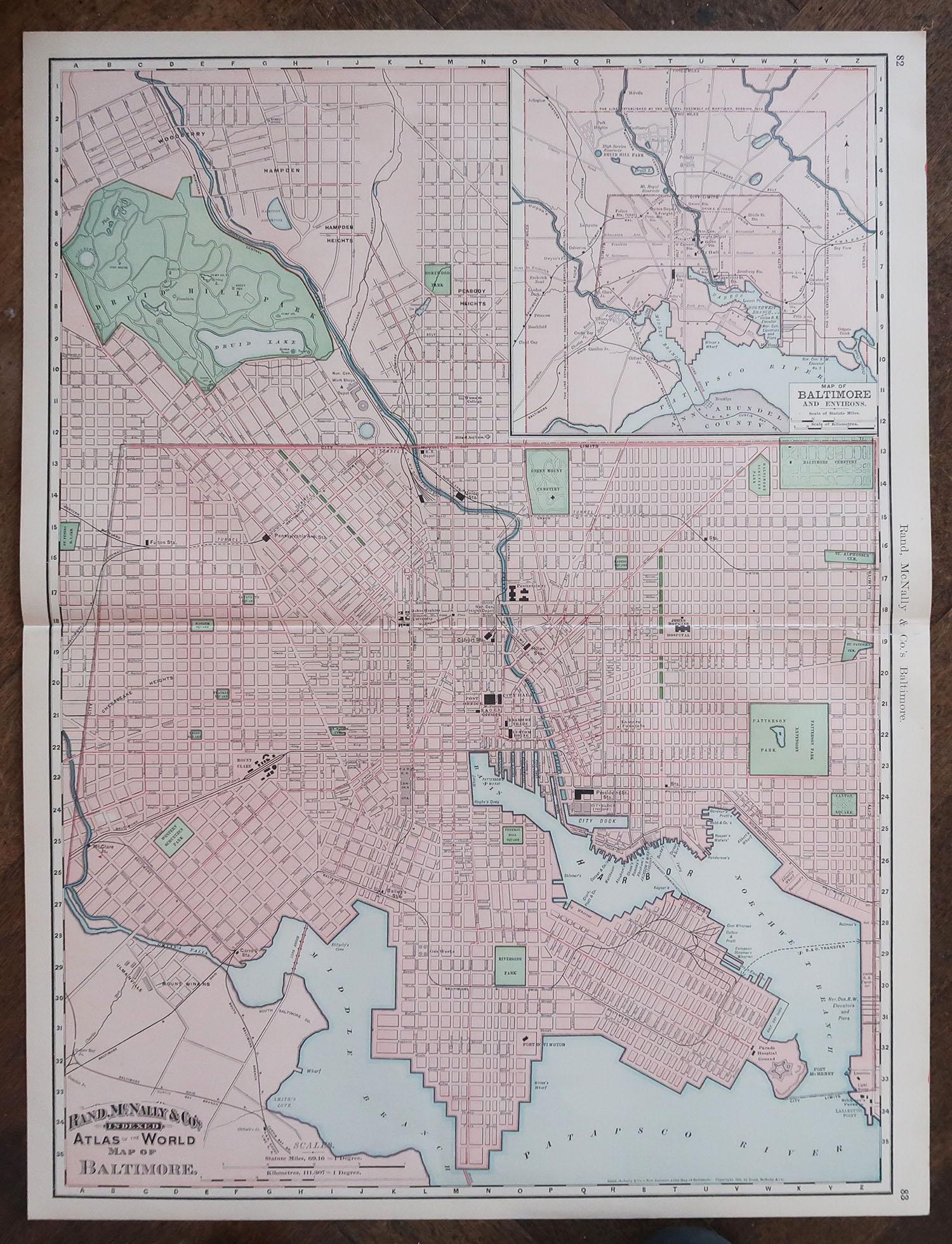 Großer originaler antiker Stadtplan von Baltimore, USA, 1894 (amerikanisch) im Angebot