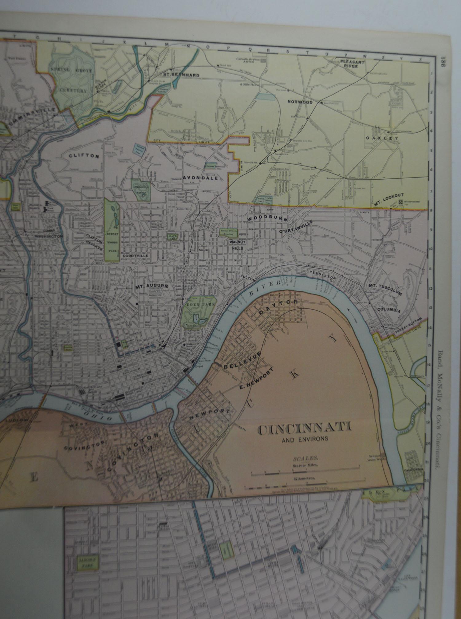 American Large Original Antique City Plan of Cincinnati, USA, circa 1900