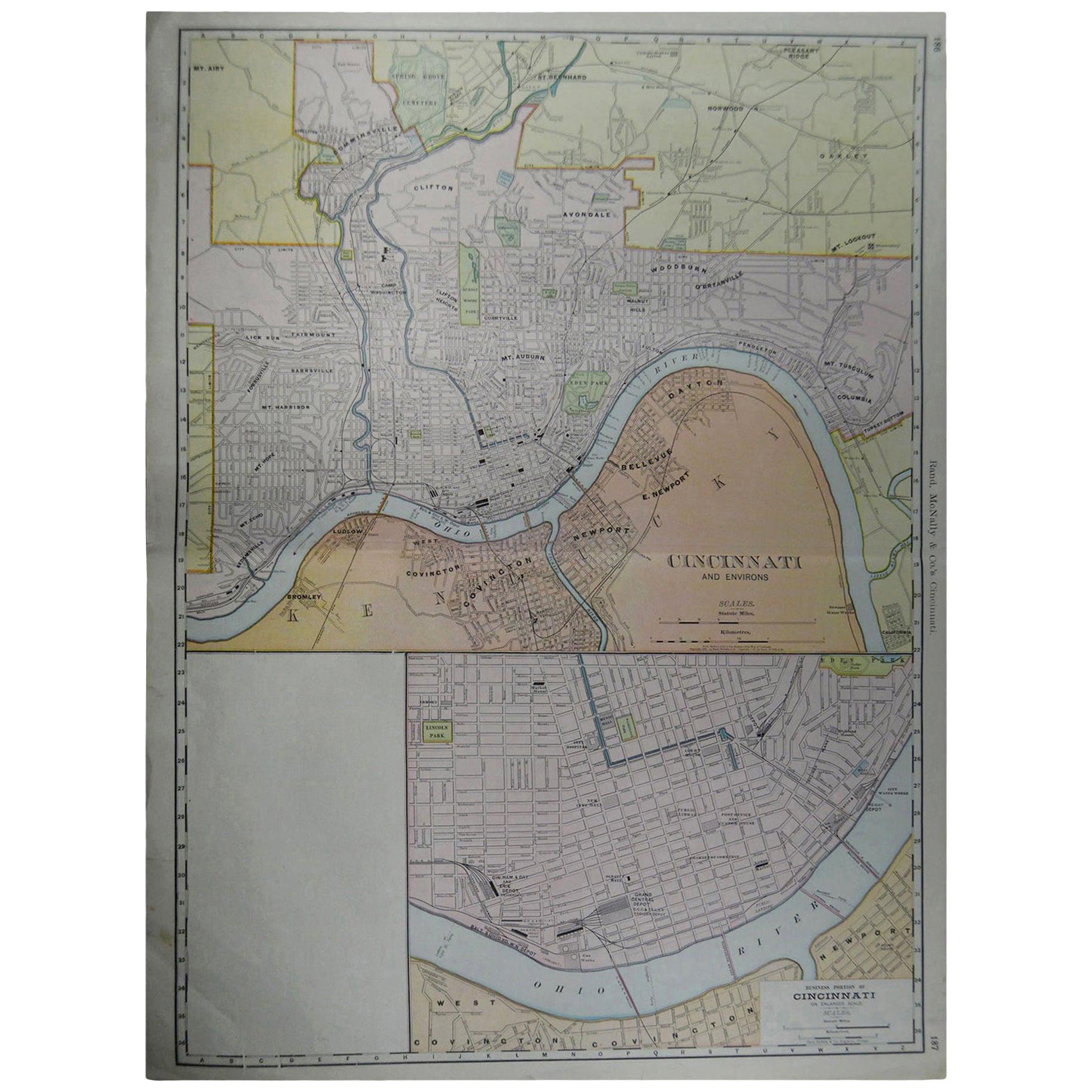 Large Original Antique City Plan of Cincinnati, USA, circa 1900 For Sale