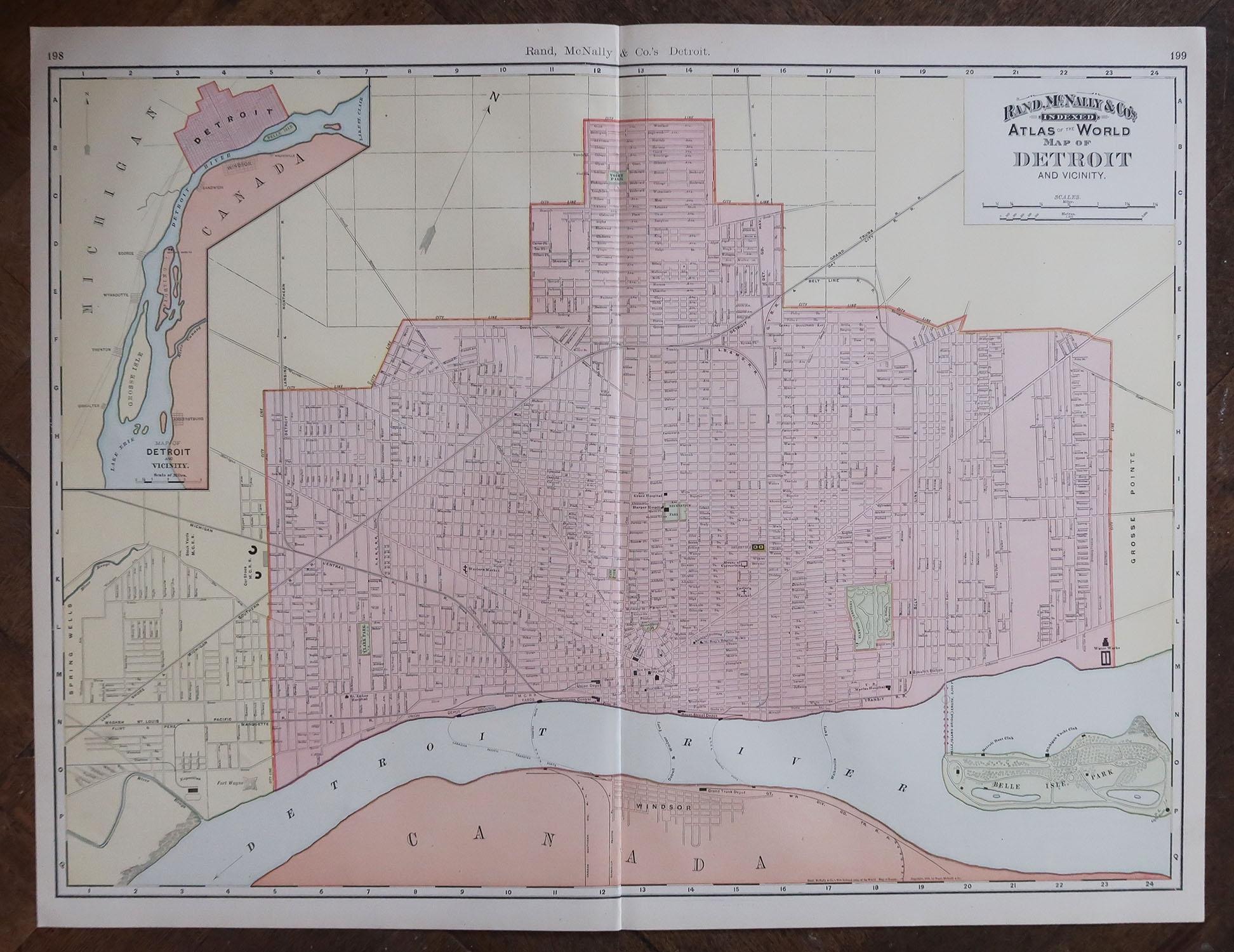 Autre Grand plan de ville ancien original de Détroit, États-Unis, 1894 en vente