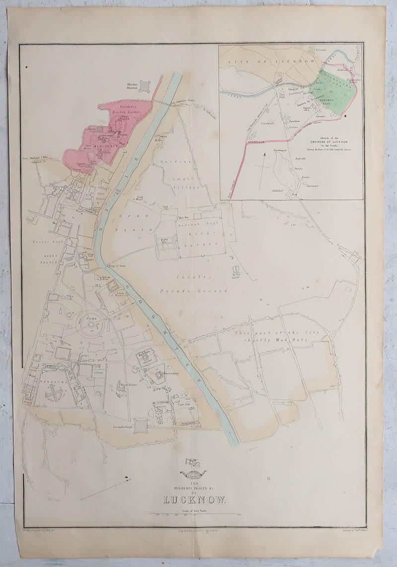 Victorian Large Original Antique City Plan of Lucknow, India. Edward Weller, 1861 For Sale