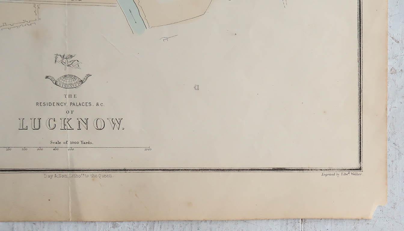 English Large Original Antique City Plan of Lucknow, India. Edward Weller, 1861 For Sale
