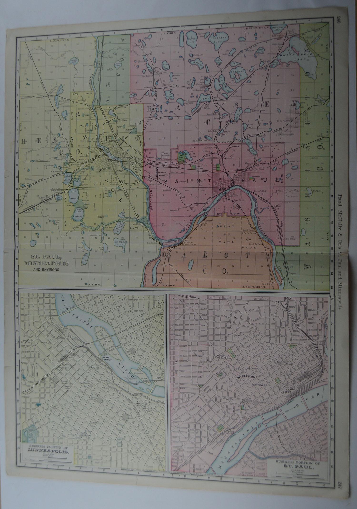 American Large Original Antique City Plan of Minneapolis and St Paul, USA, circa 1900
