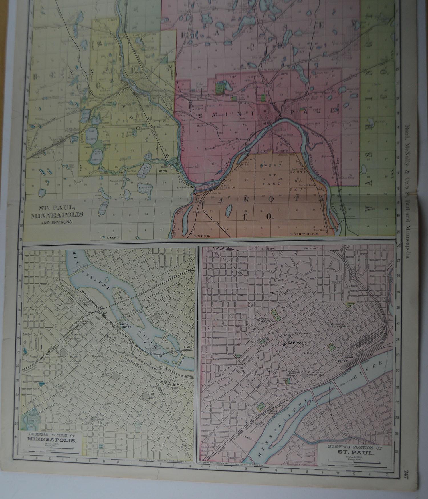 American Large Original Antique City Plan of Minneapolis and St Paul, USA, circa 1900