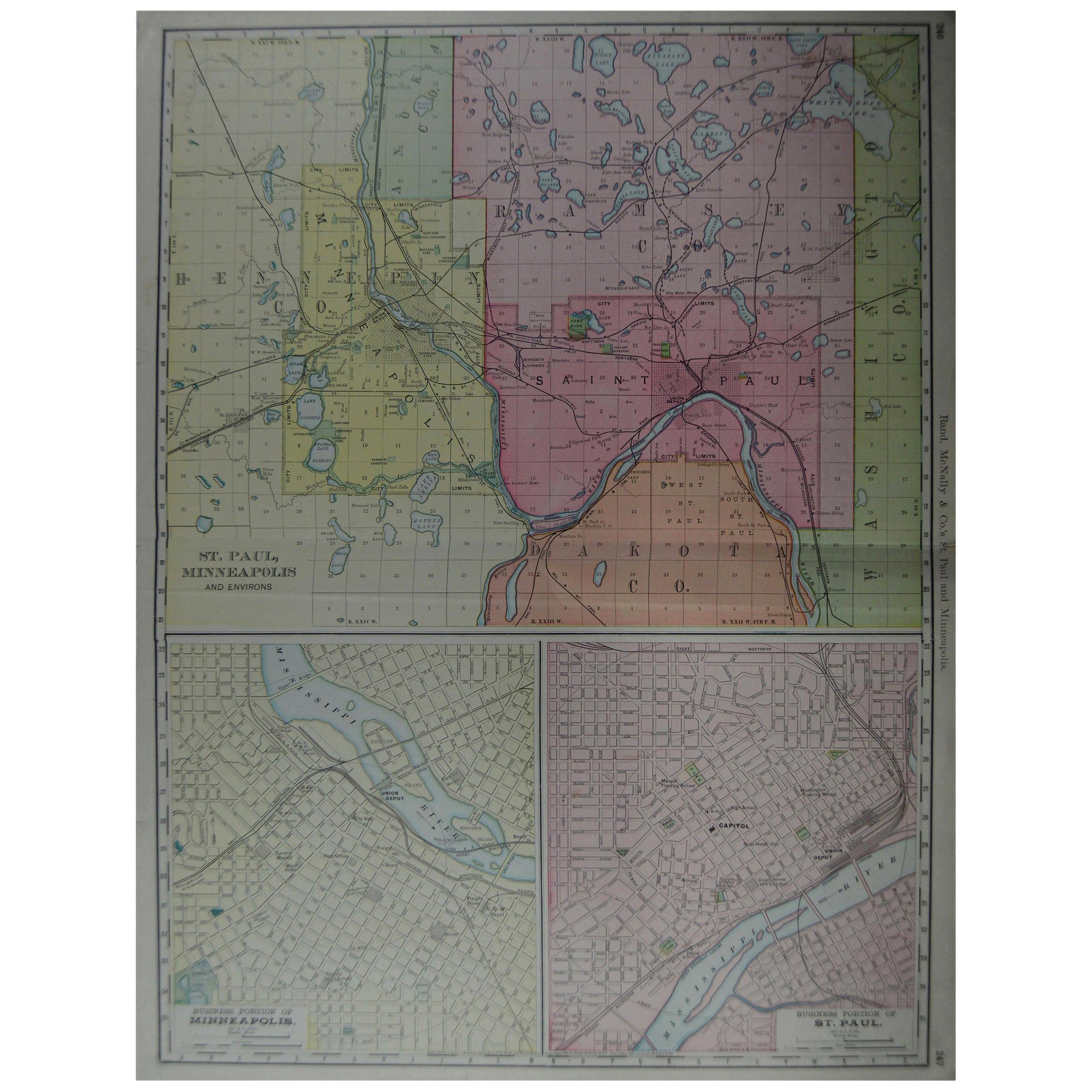 Large Original Antique City Plan of Minneapolis and St Paul, USA, circa 1900