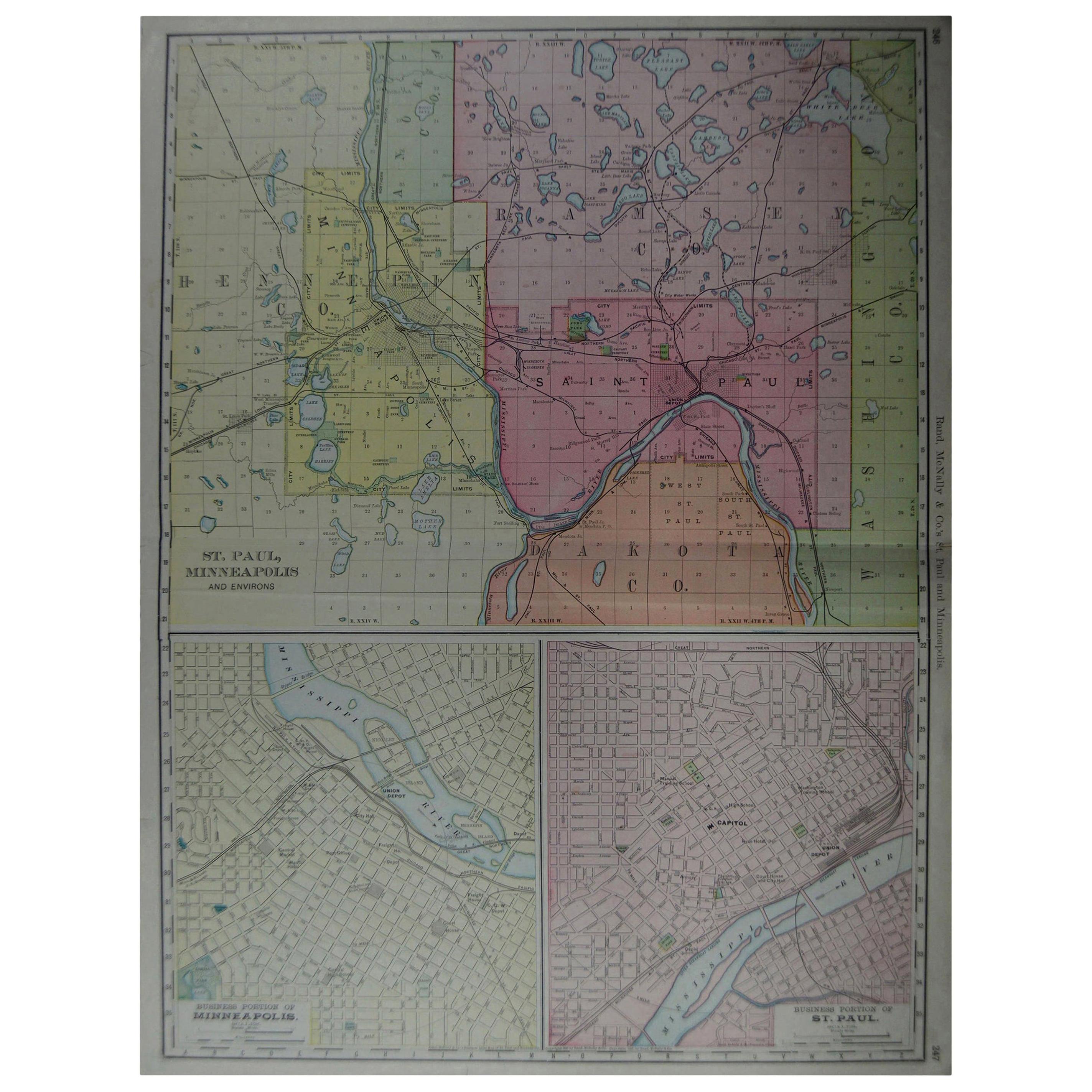 Großer originaler antiker Stadtplan von Minneapolis und St. Paul, USA, um 1900