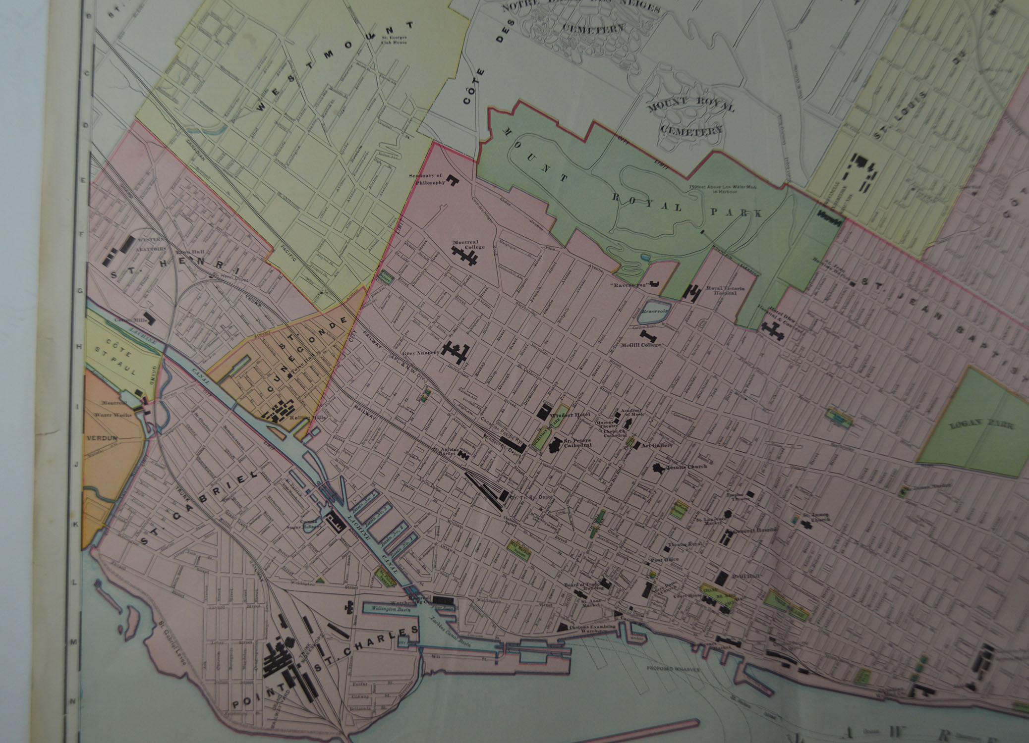 American Large Original Antique City Plan of Montreal, Canada, circa 1900