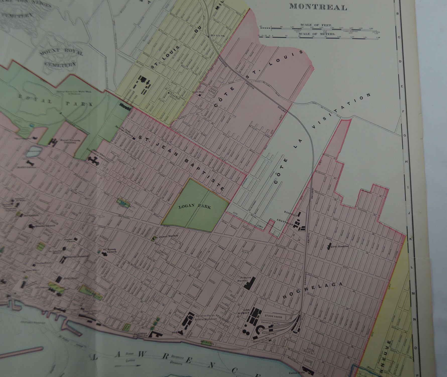 Other Large Original Antique City Plan of Montreal, Canada, circa 1900