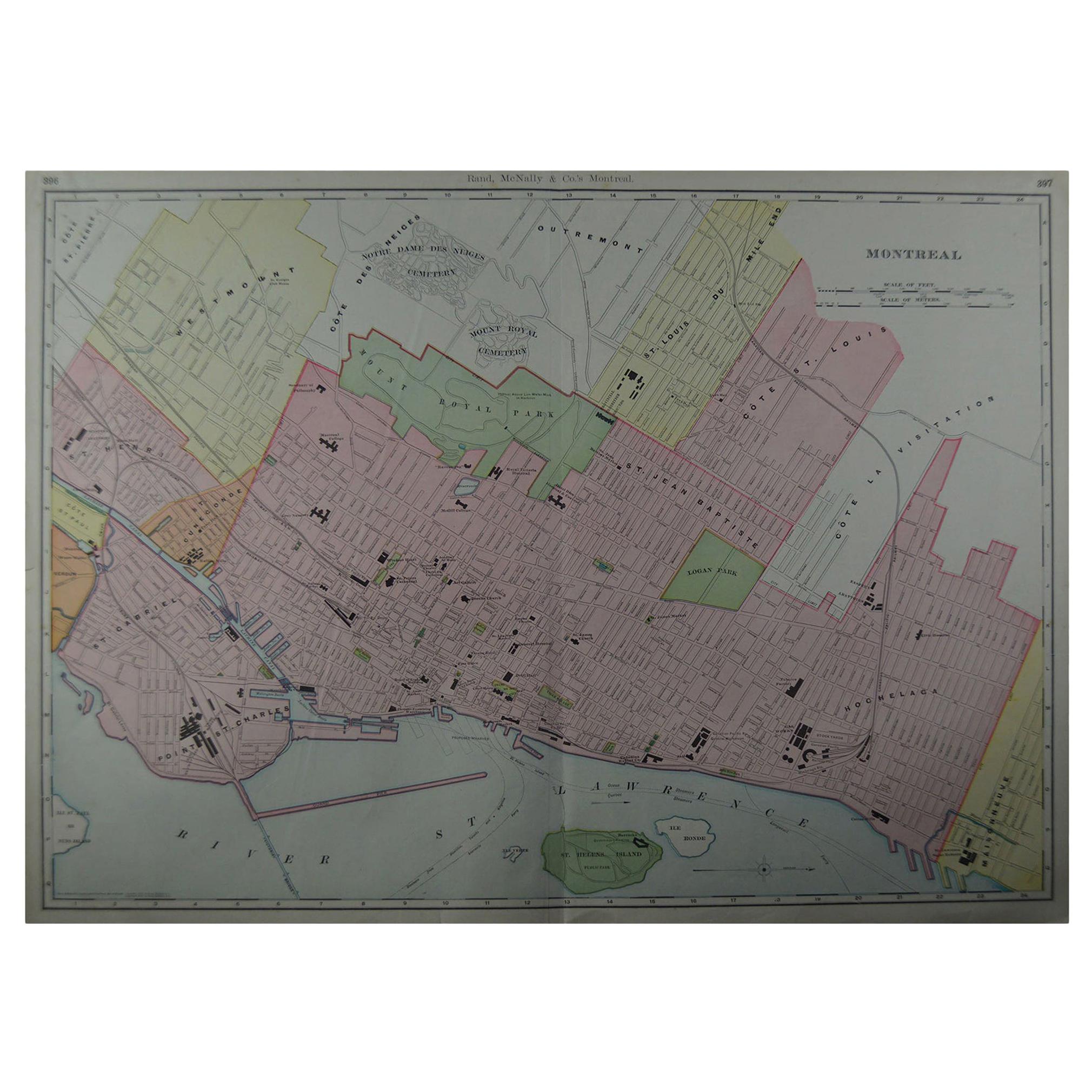 Large Original Antique City Plan of Montreal, Canada, circa 1900 For Sale
