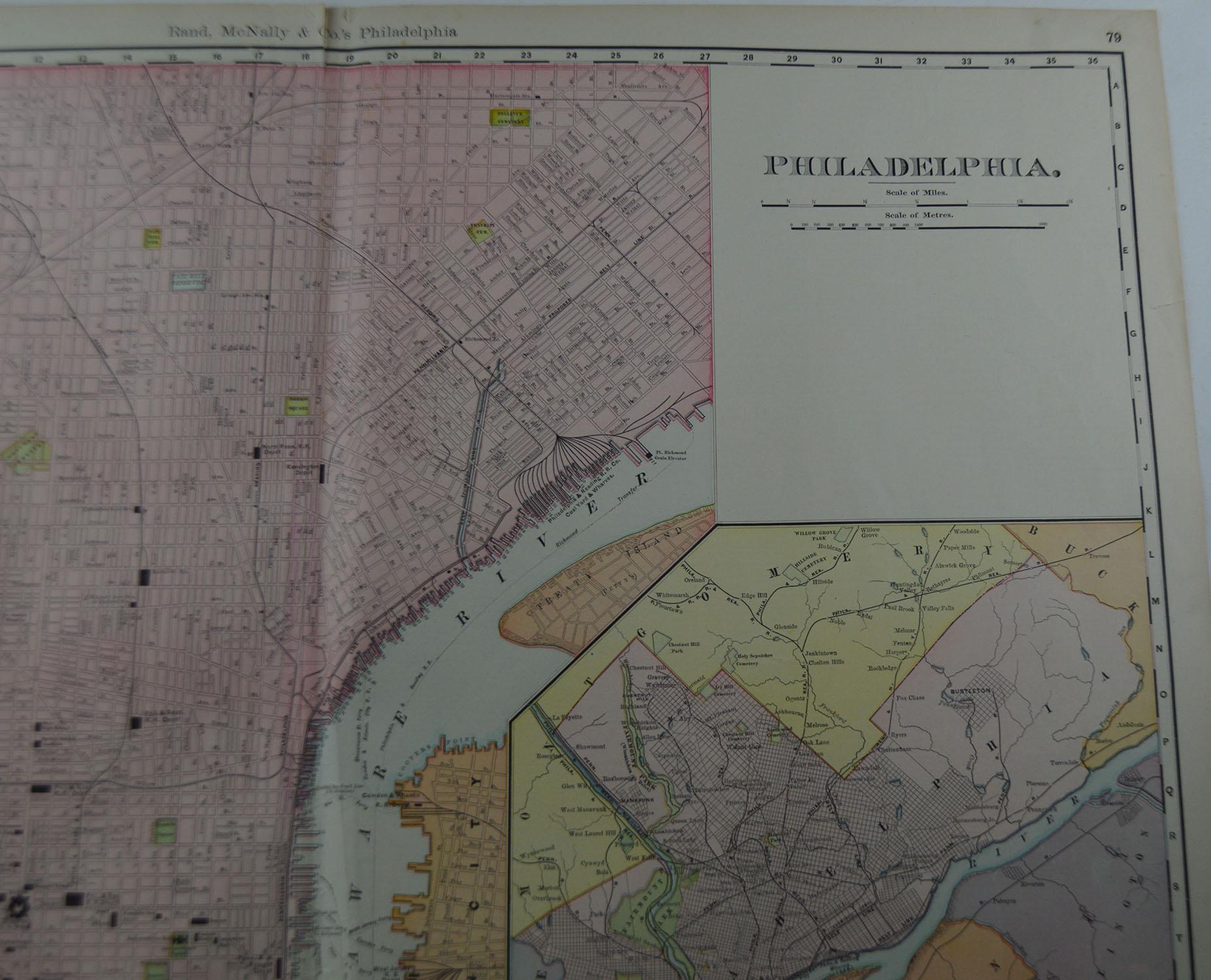 American Large Original Antique City Plan of Philadelphia, USA, circa 1900
