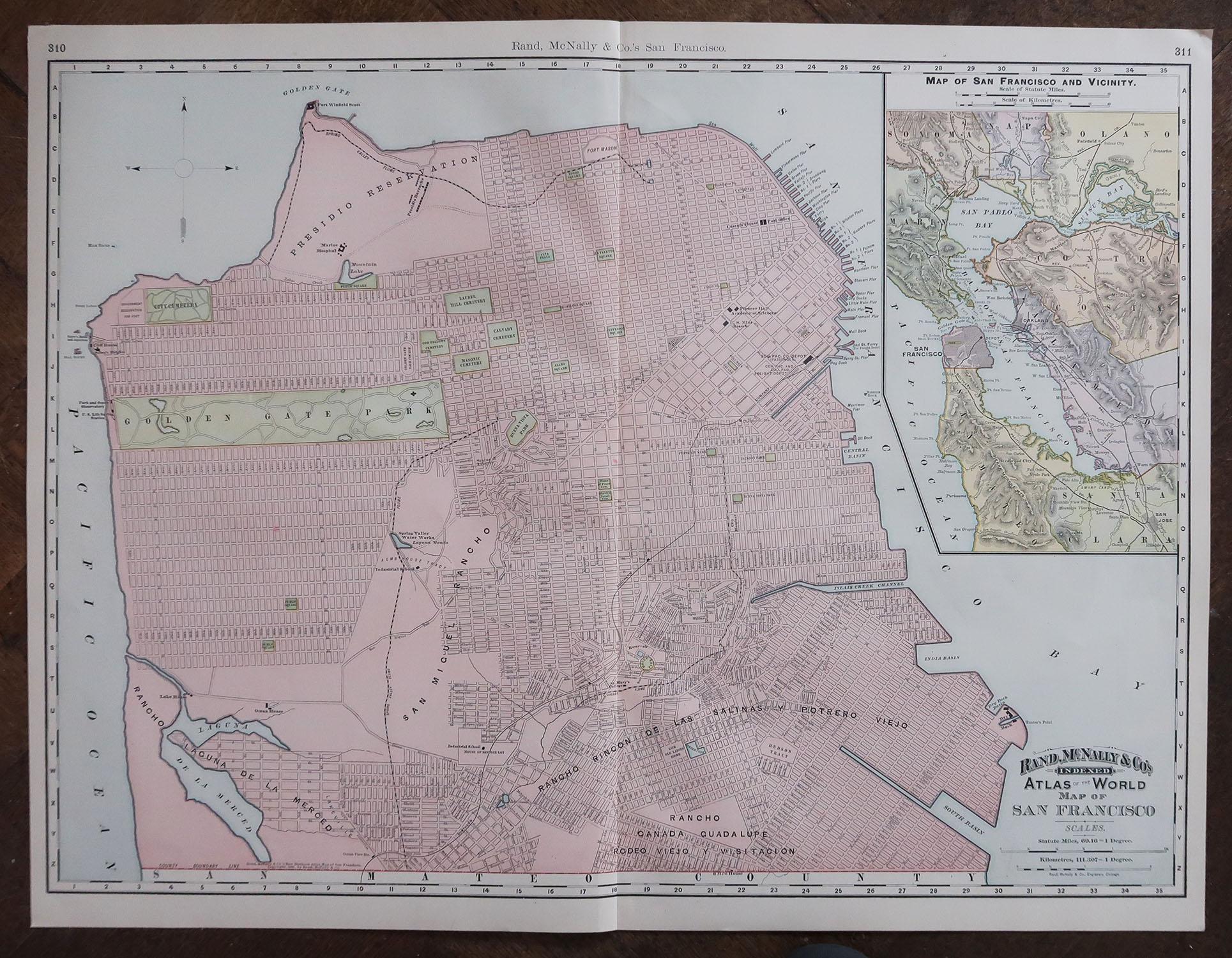 American Large Original Antique City Plan of San Francisco, USA, 1894 For Sale