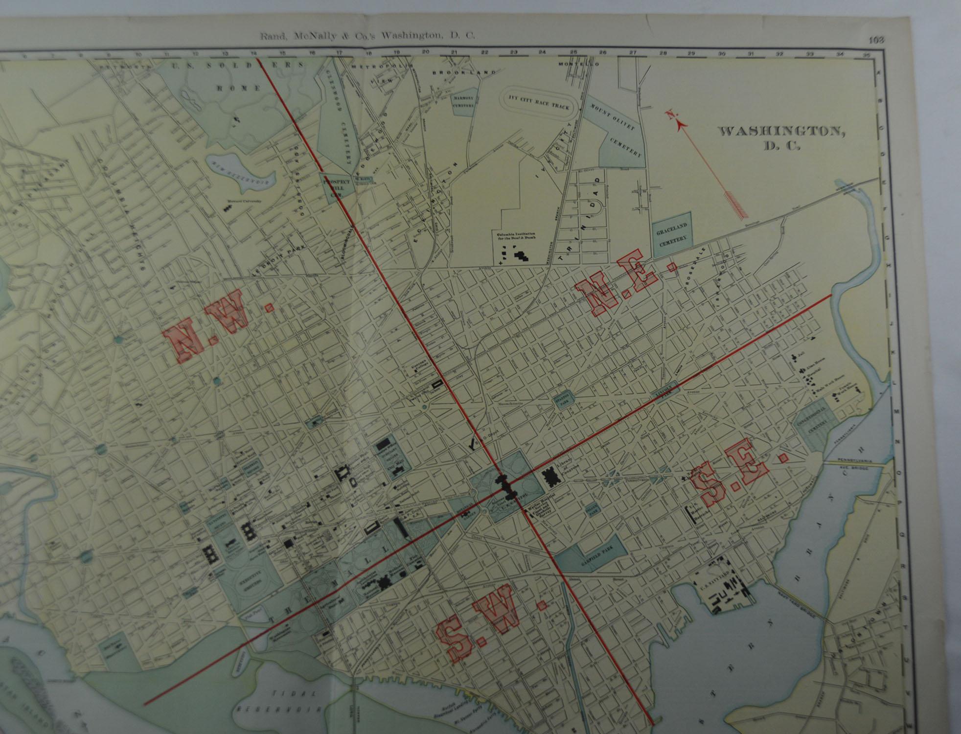 American Large Original Antique City Plan of Washington DC, USA, circa 1900