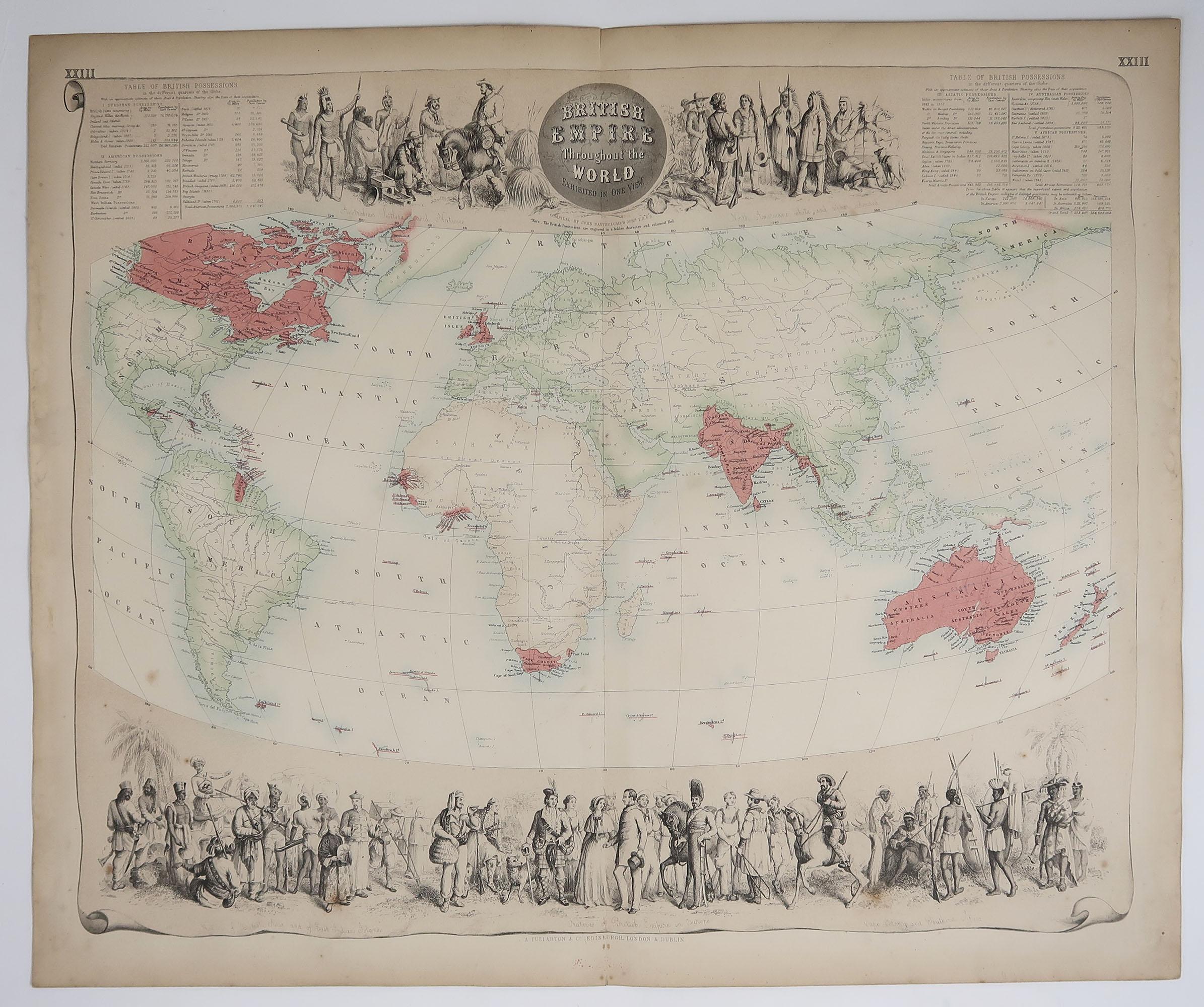 Grande carte de l'Empire britannique à travers le monde

Magnifiques bordures figuratives

Extrait du célèbre Royal Illustrated Atlas

Lithographie. Couleur originale. 

Publié par Fullarton, Edinburgh. C.1870

Non