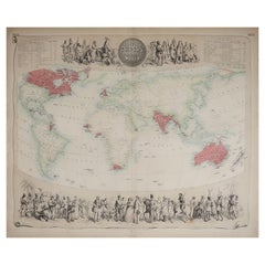 Grande carte décorative originale et ancienne du monde, Fullarton, C.1870