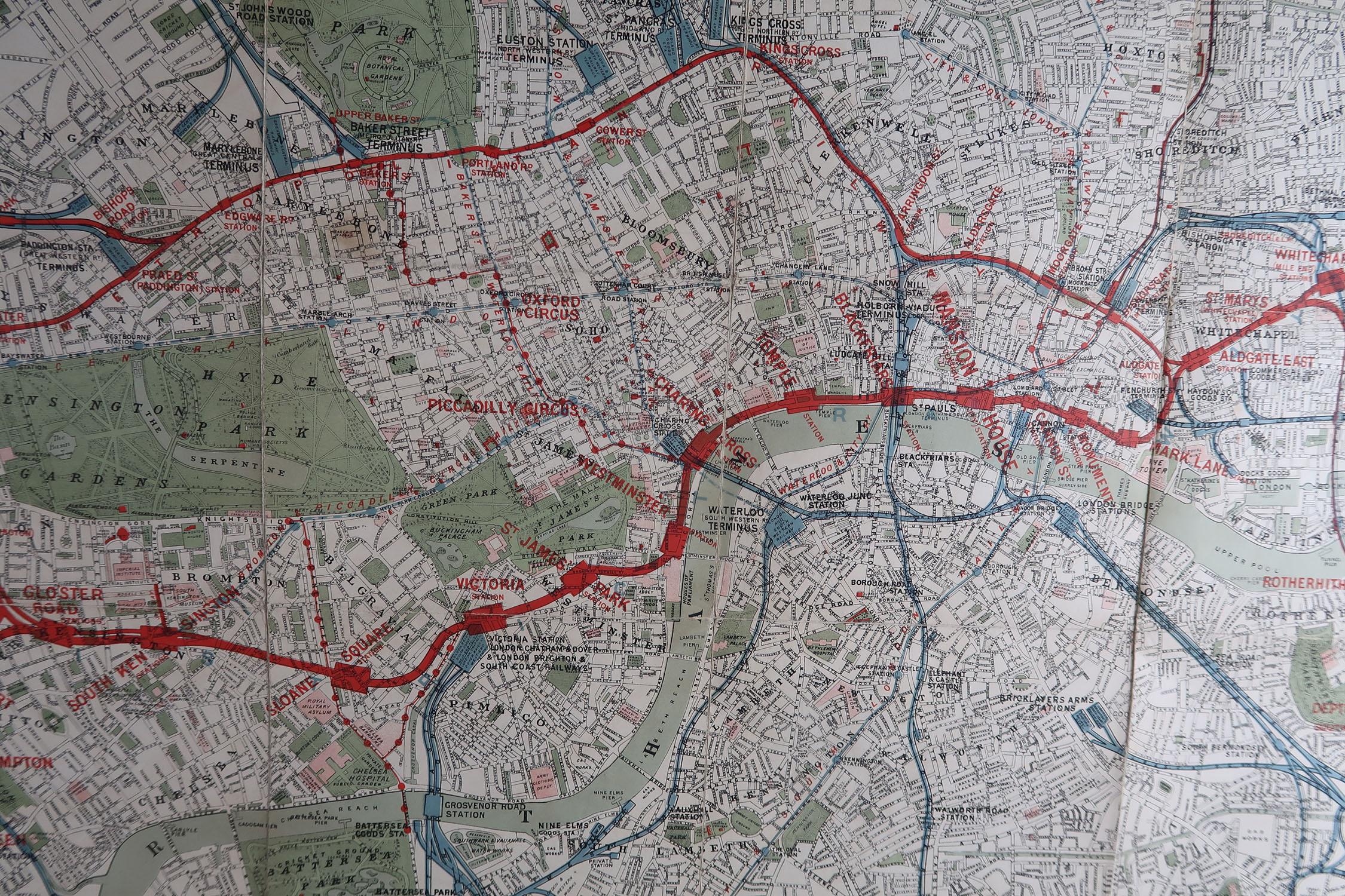 English Large Original Antique Folding Map of London, UK, Dated 1898