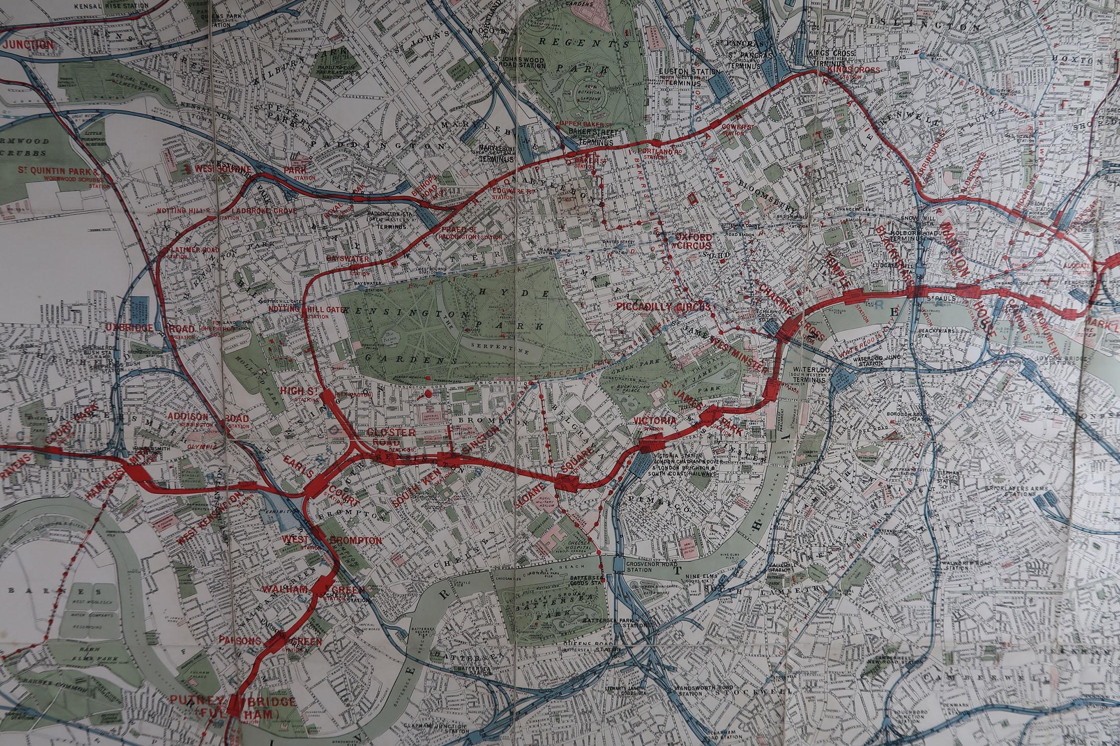 Late 19th Century Large Original Antique Folding Map of London, UK, Dated 1898