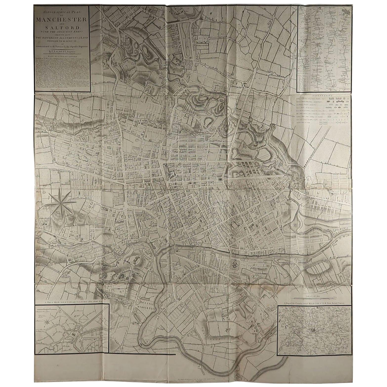 Large Original Antique Folding Map of Manchester, UK, Dated 1793