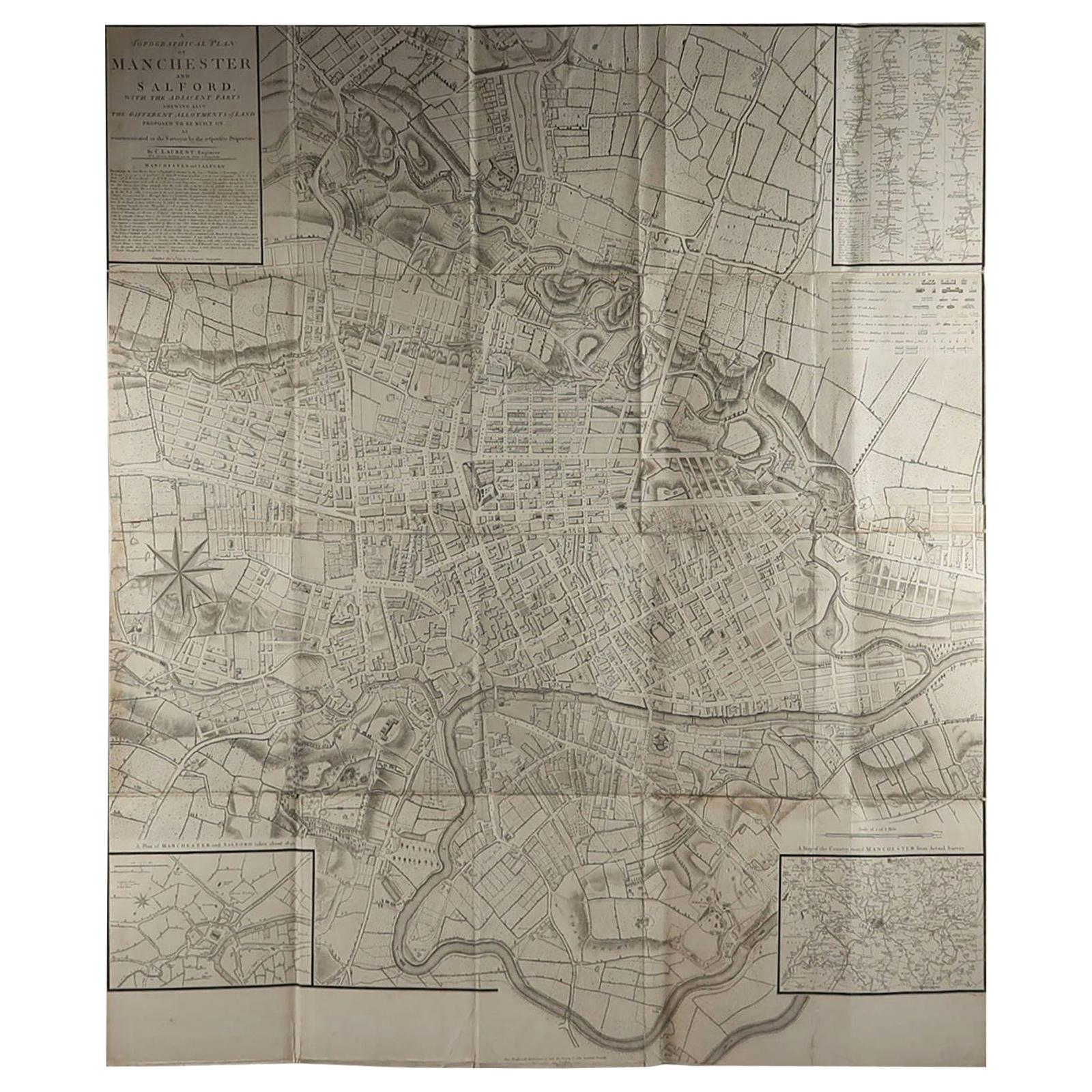 Large Original Antique Folding Map of Manchester, UK, Dated 1793
