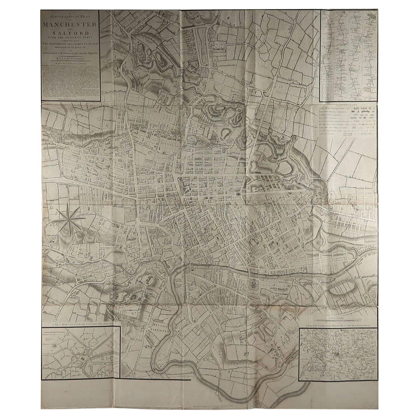 Grande carte pliante originale et ancienne de Manchester, Royaume-Uni, datée de 1793