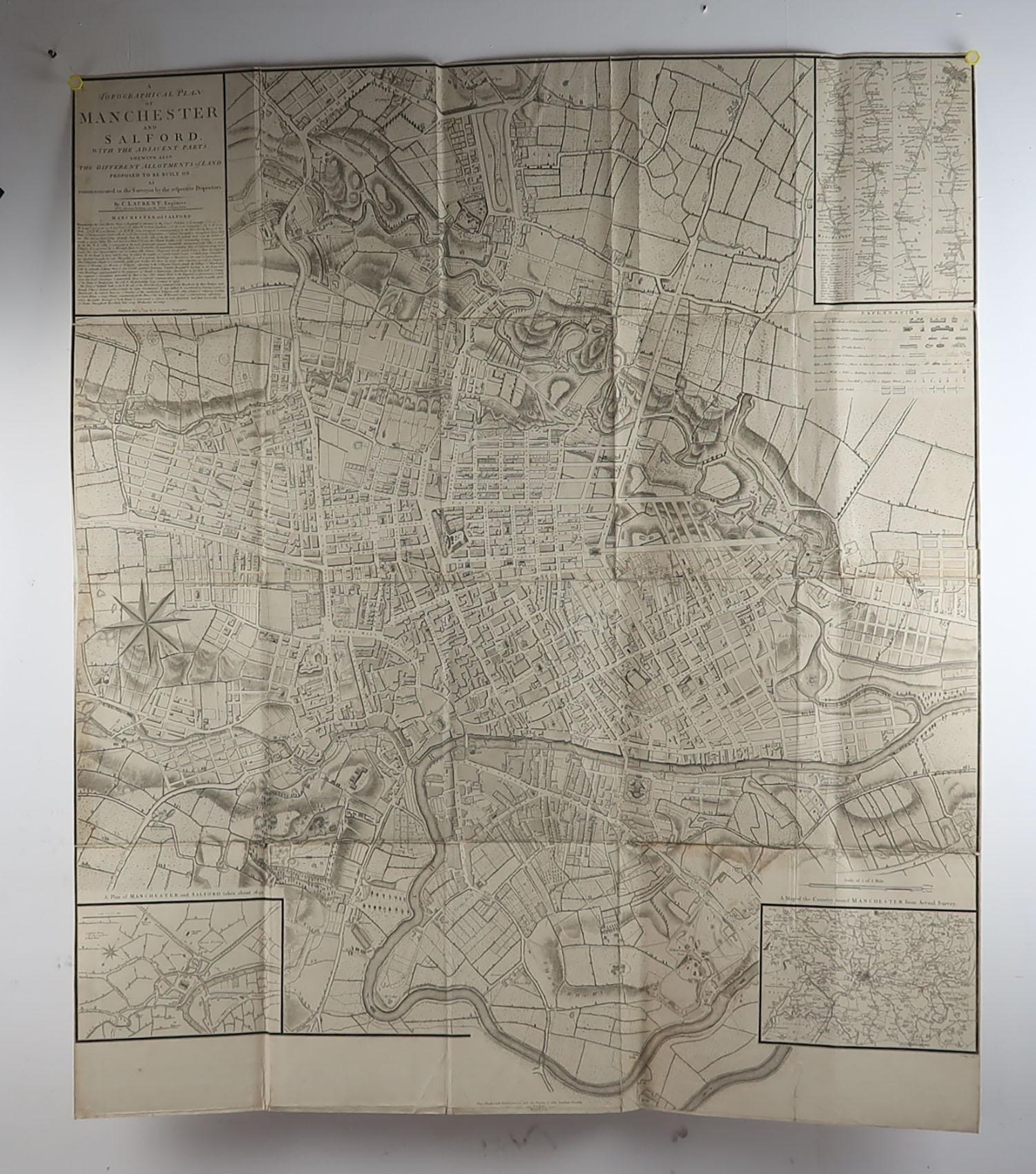 Georgian Large Original Antique Folding Map of Manchester, Uk, Dated 1793