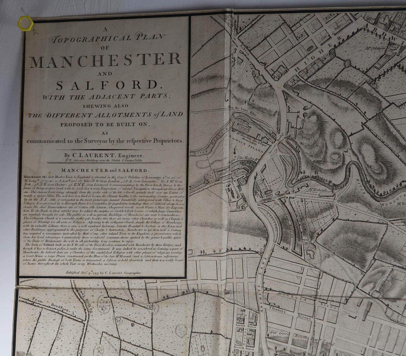 English Large Original Antique Folding Map of Manchester, Uk, Dated 1793