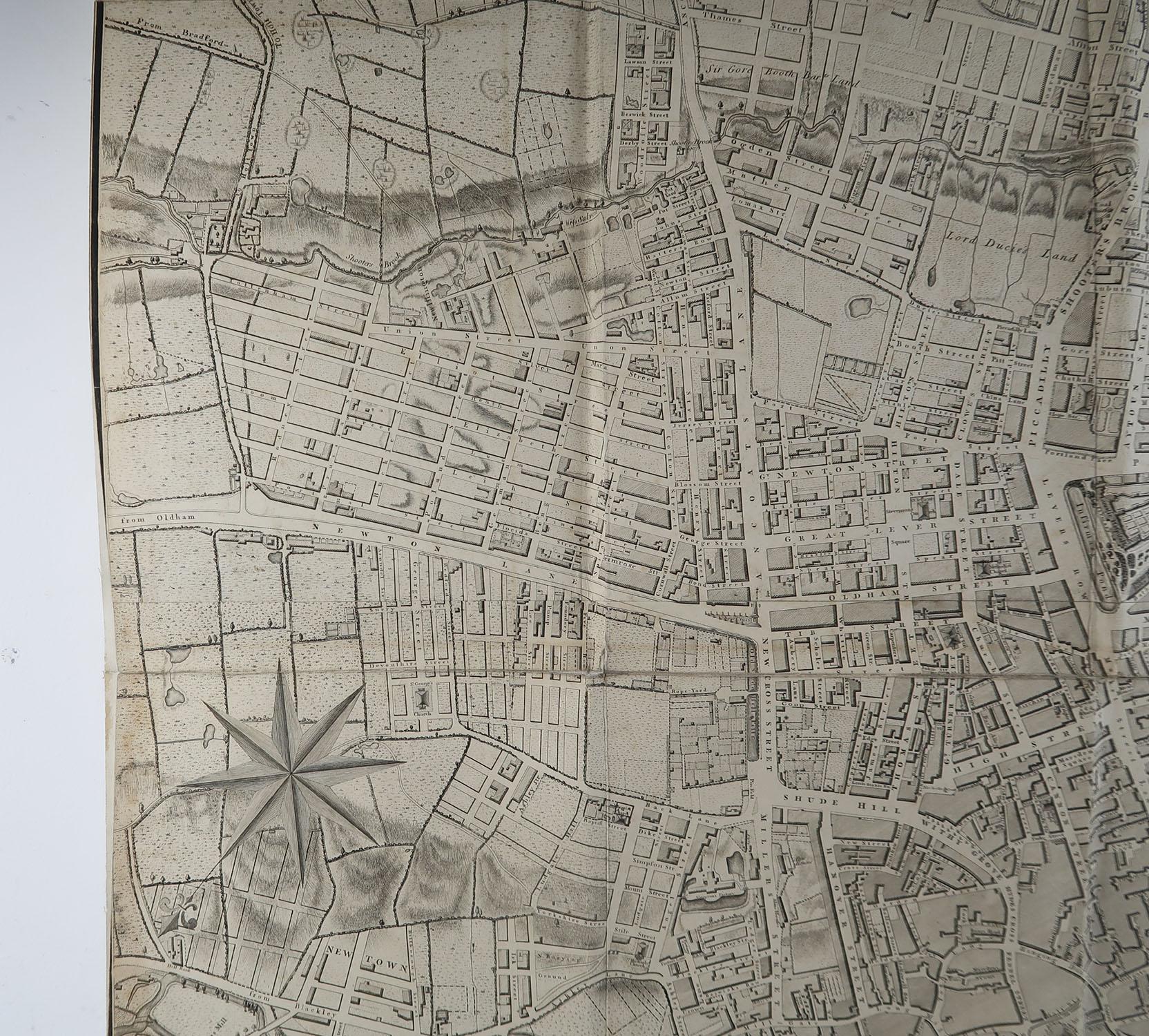 English Large Original Antique Folding Map of Manchester, UK, Dated 1793