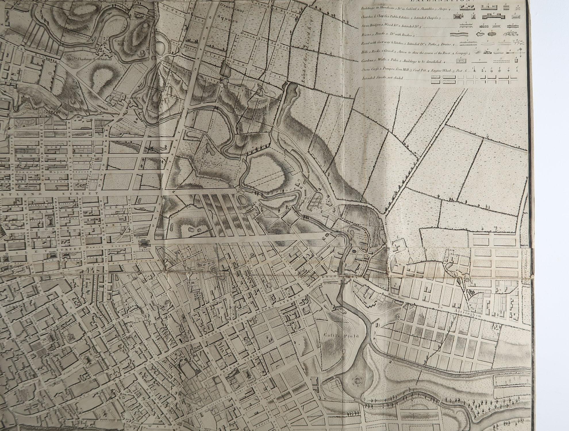 Large Original Antique Folding Map of Manchester, UK, Dated 1793 In Good Condition In St Annes, Lancashire