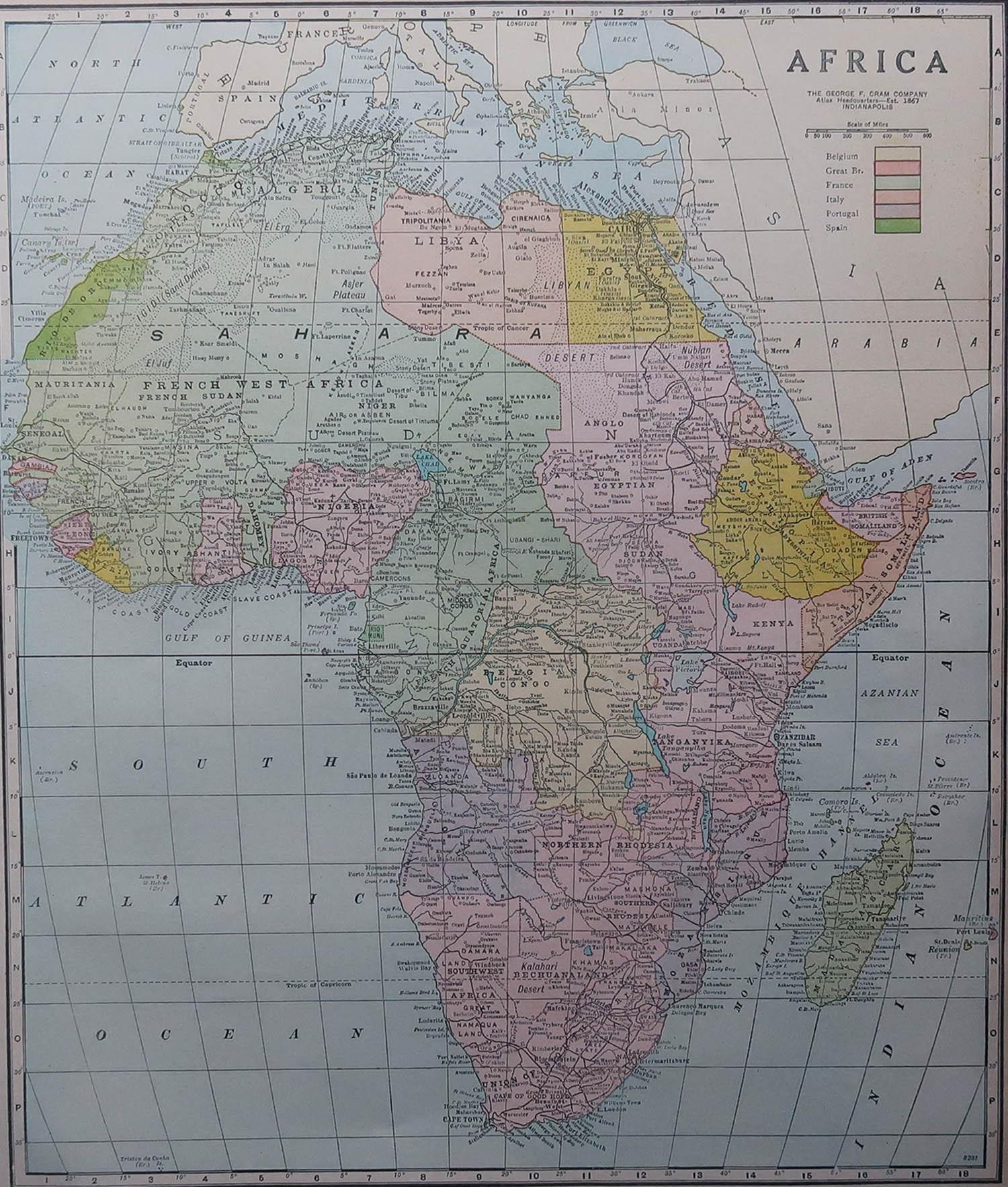 Fabuleuse carte de l'Afrique

Couleur originale.

Gravé et imprimé par la George F. Crams Company, Indianapolis.

Publié, C.C.C..

Non encadré.

Livraison gratuite.